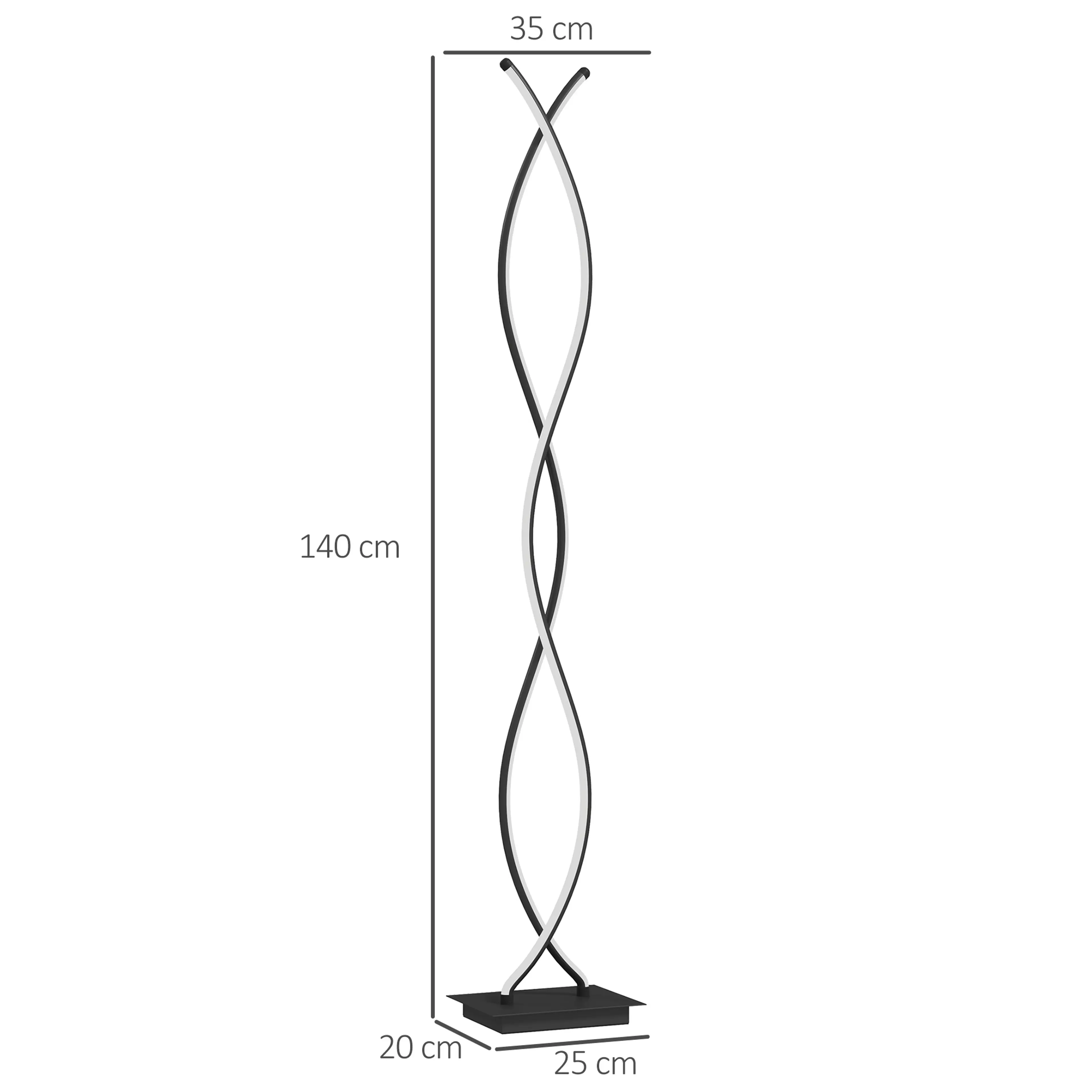 Måttskiss över lampan: 144 cm hög, spiralen 35 cm bred och foten 25 × 20 cm