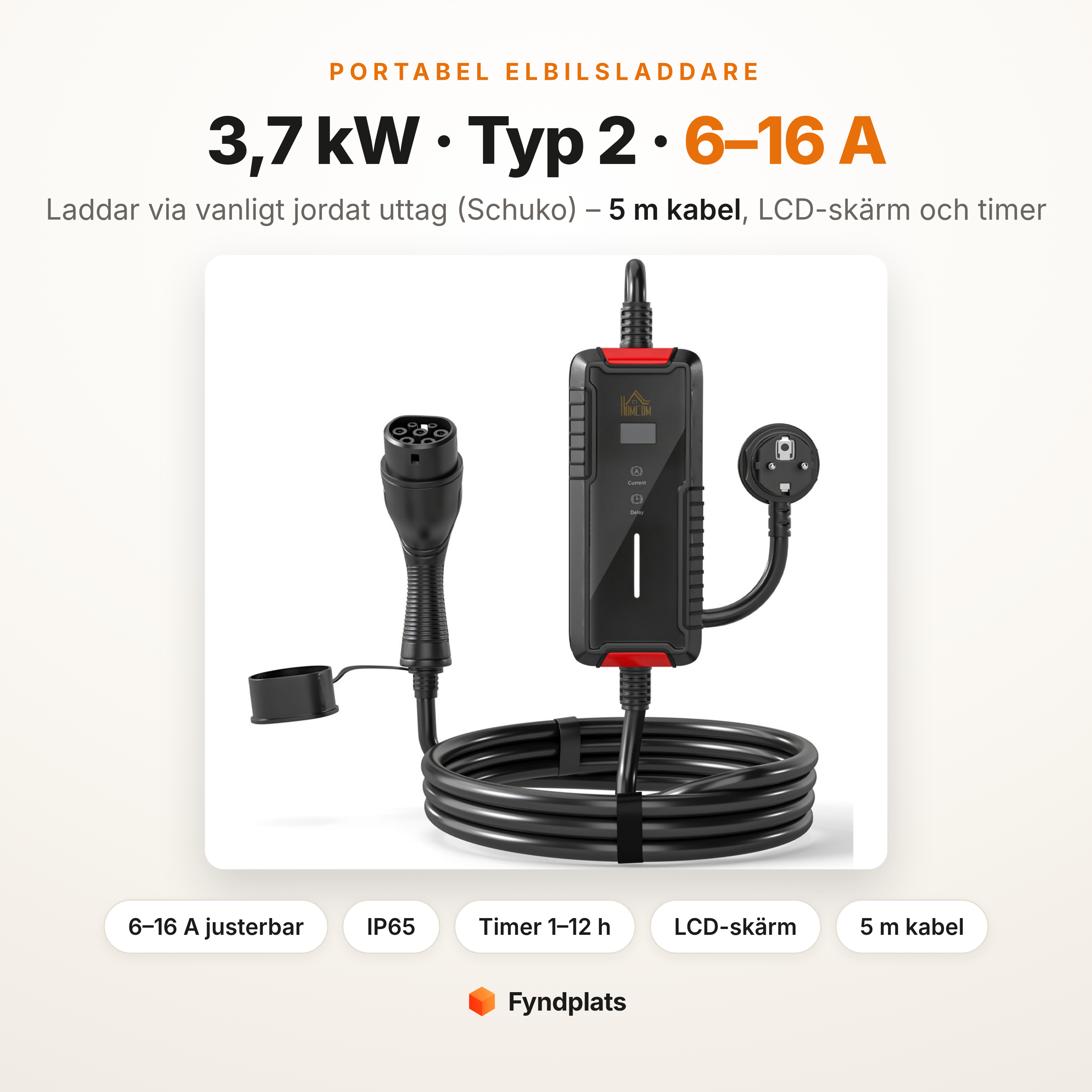 Fyndplats spec-kort: portabel elbilsladdare 3,7 kW Typ 2 med justerbar laddström 6–16 A, IP65, timer 1–12 h, LCD-skärm och 5 m kabel