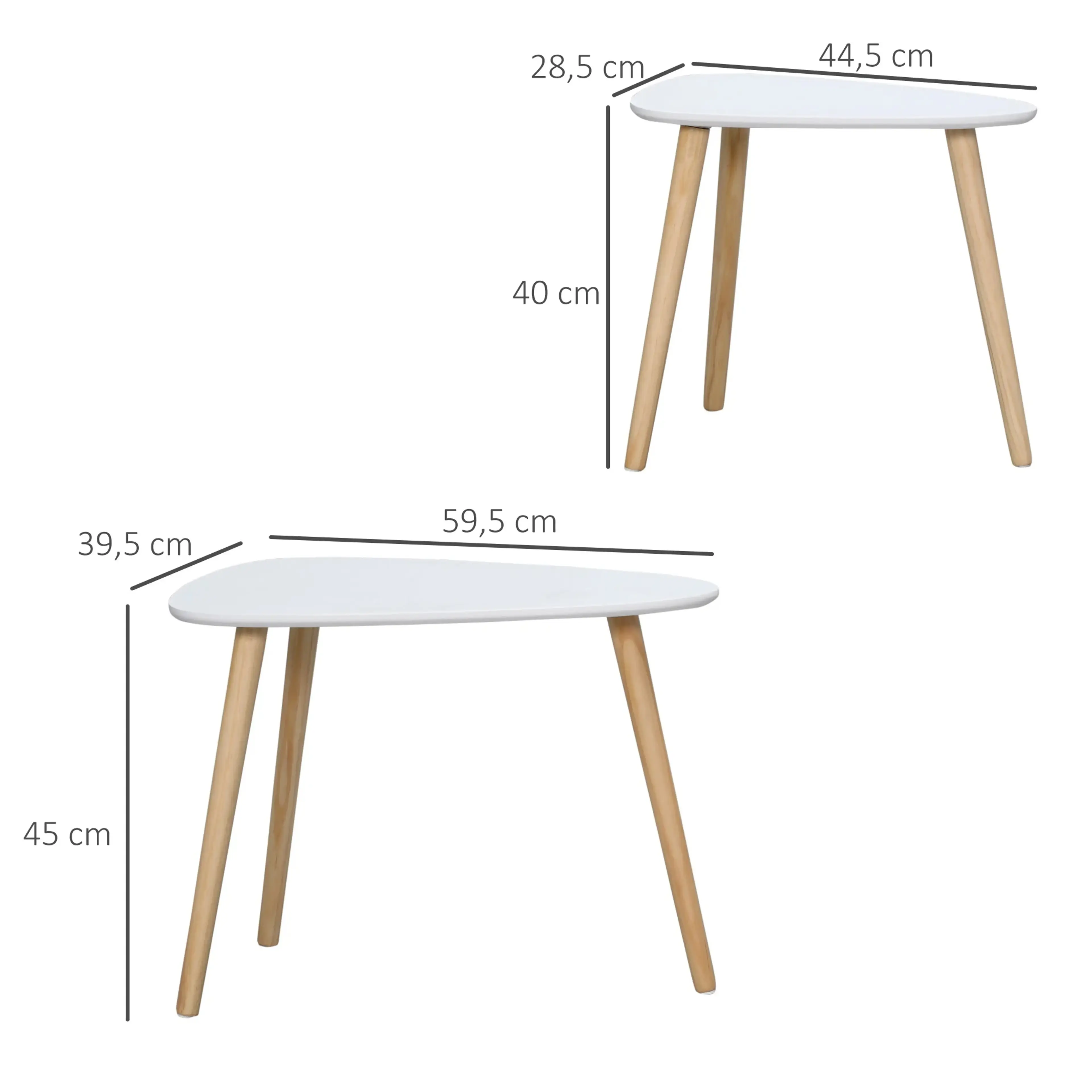 Mått: stora bordet 59,5 × 39,5 × 45 cm, lilla 44,5 × 28,5 × 40 cm