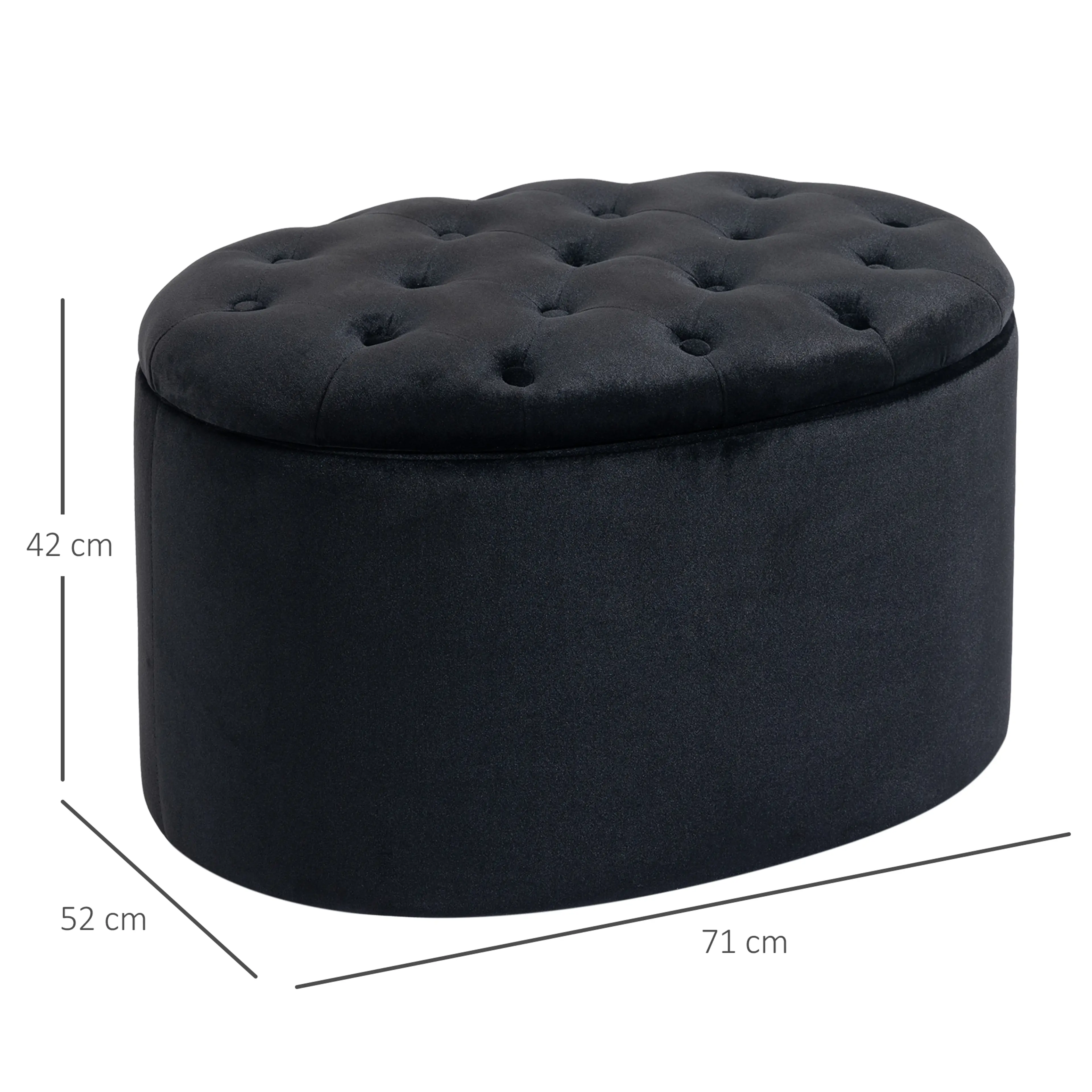Måttritning av puffen: 71 cm lång, 52 cm bred och 42 cm hög