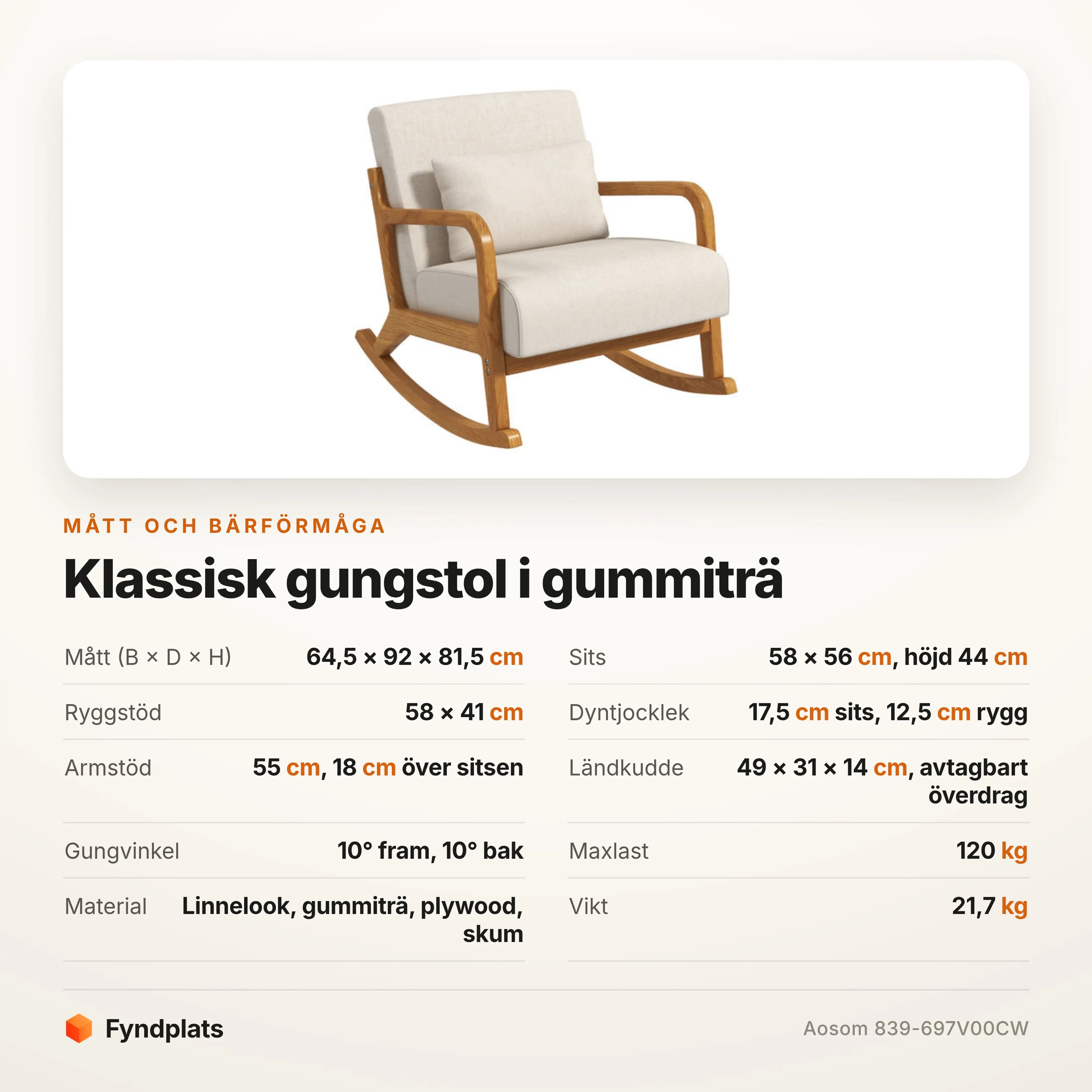 Specifikationskort med mått, dyntjocklek och gungvinkel
