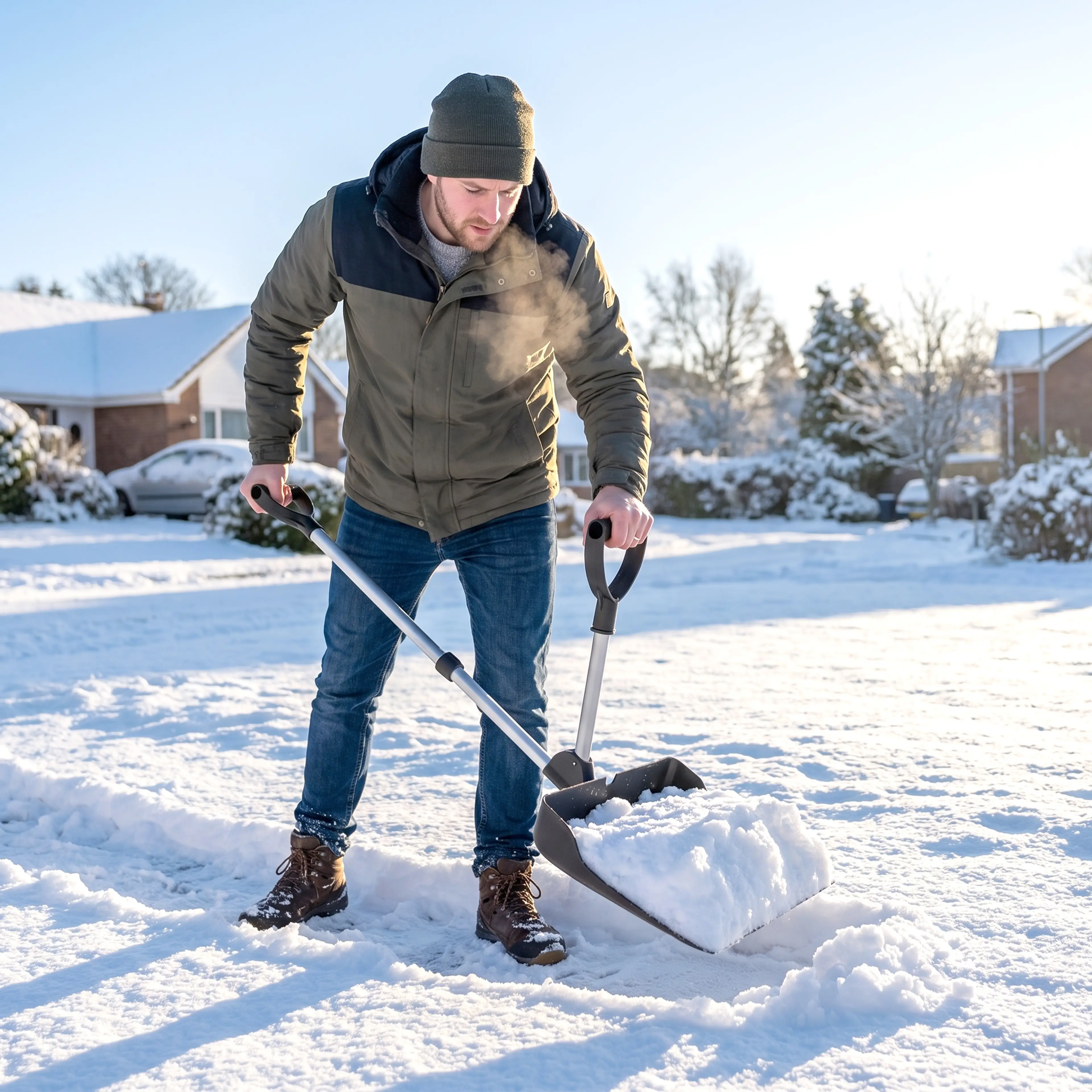 Man som skottar snö med skyffeln på en uppfart
