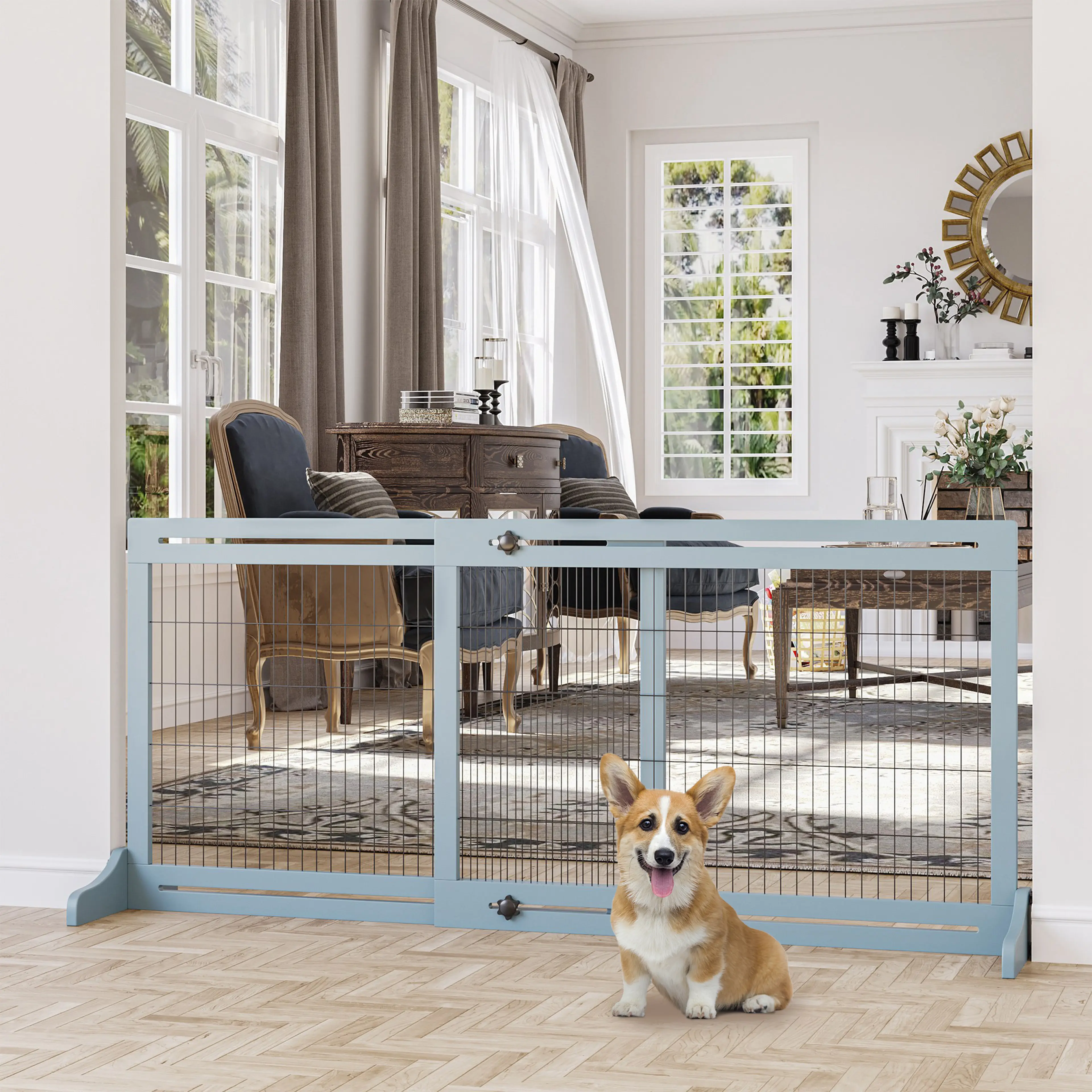 Corgi sitter bredvid den grå grinden i ett matrum med matta och fönster