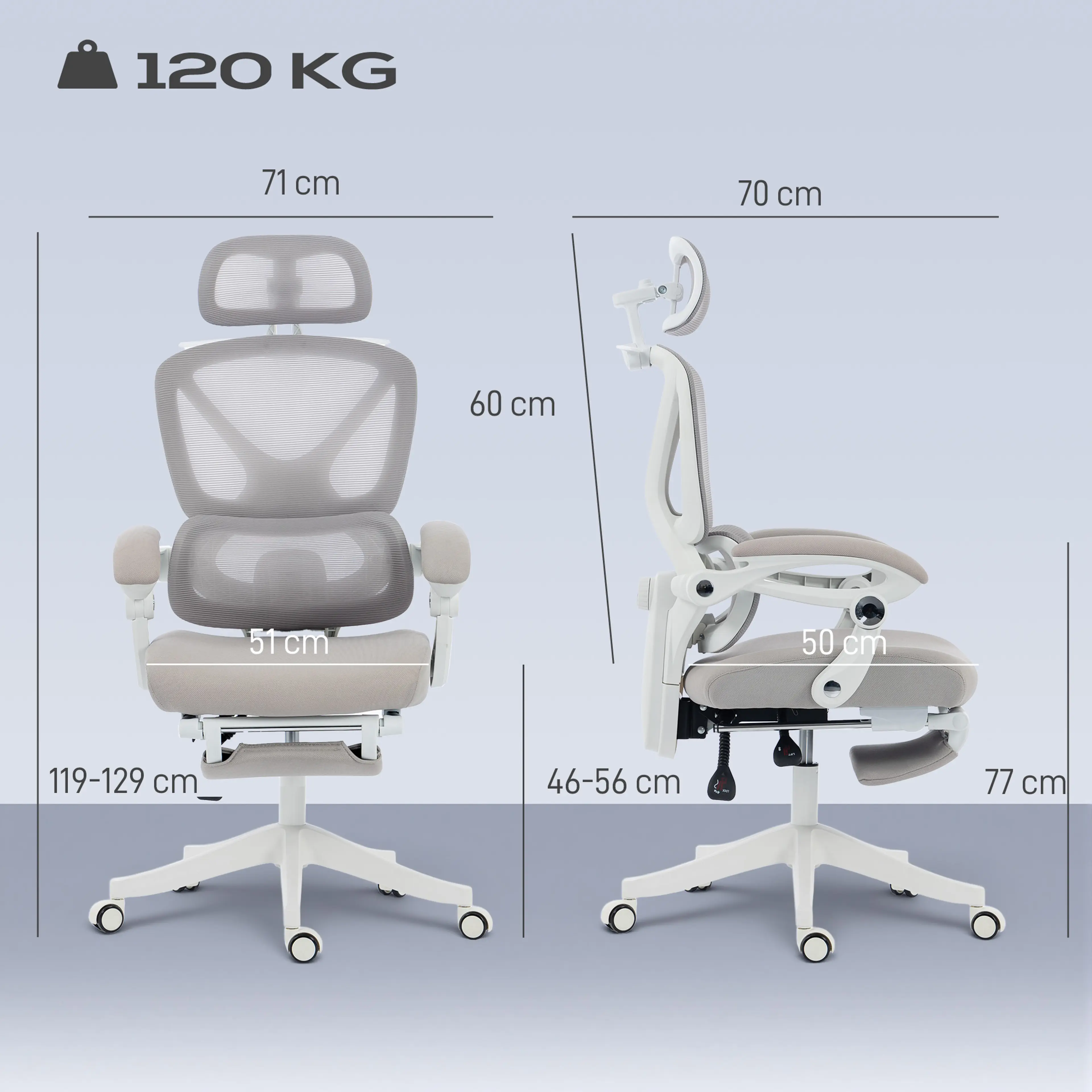Måttbild: 71 × 70 cm, höjd 119–129 cm, sits 51 × 50 cm och sitthöjd 46–56 cm