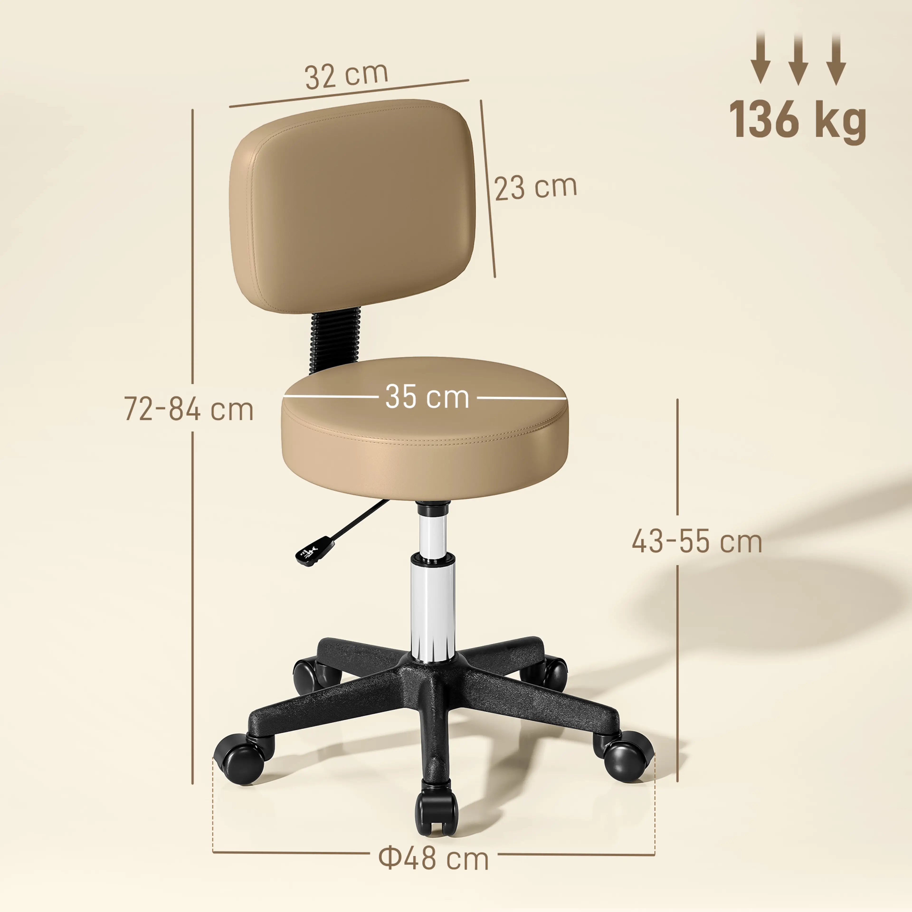 Måttskiss: total höjd 72 till 84 cm, foten 48 cm i diameter