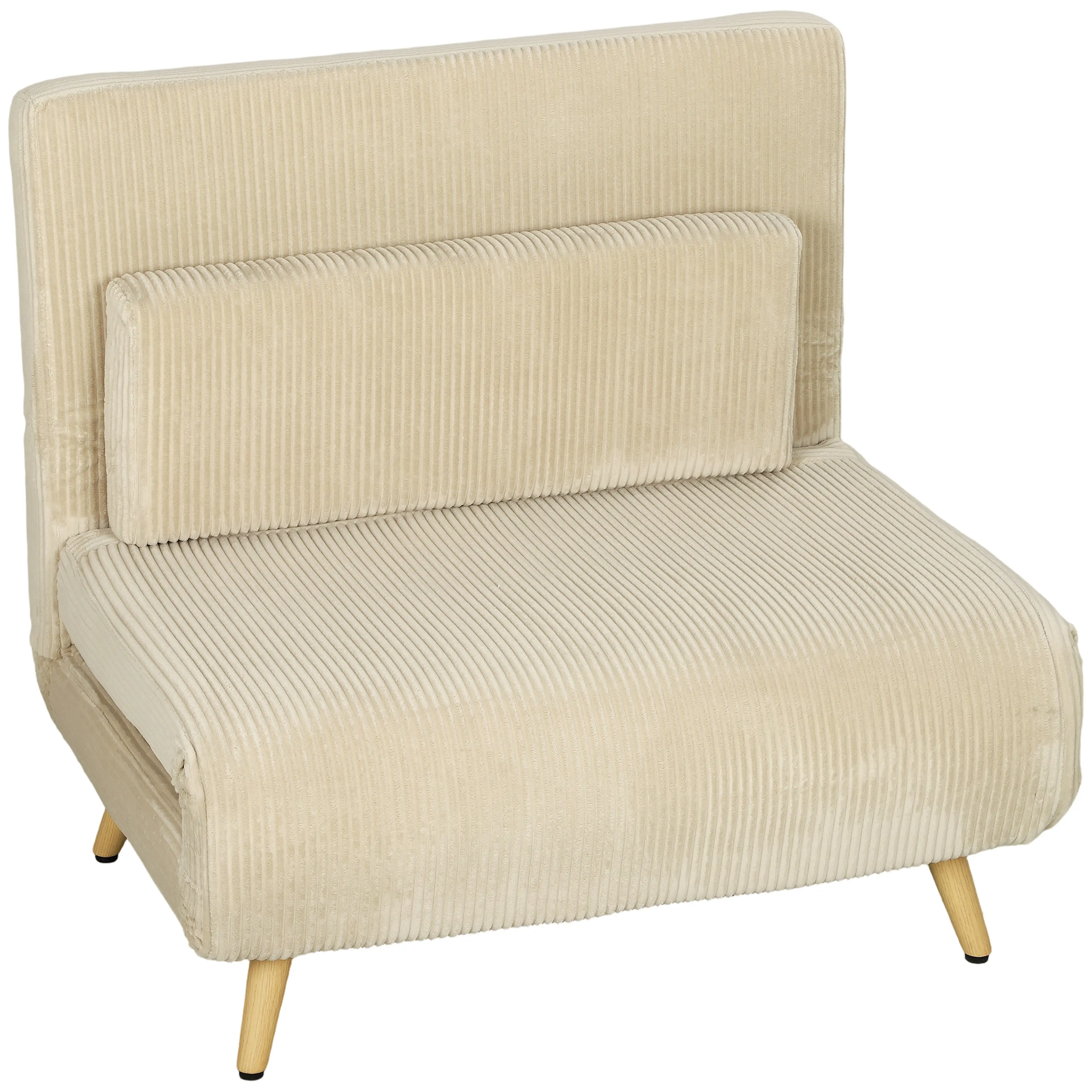 Bäddfåtölj i beige manchester med ben i träimitation