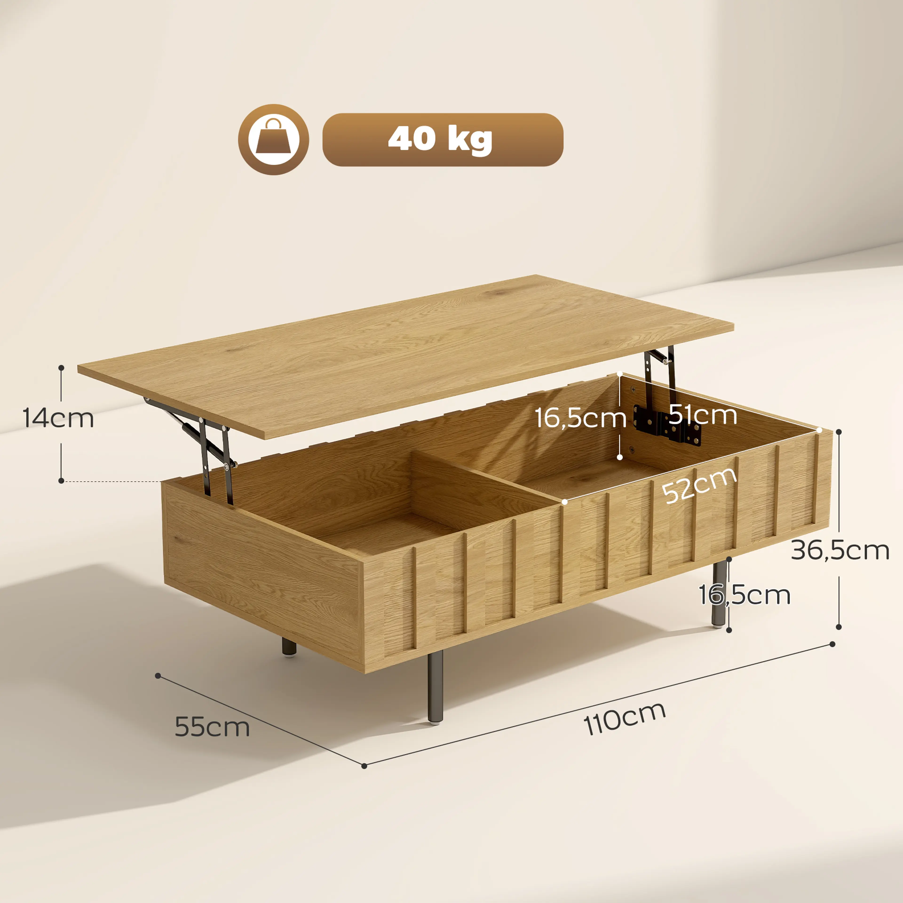 Måttritning för soffbord: 110 × 55 × 36,5 cm, fack 52 × 51 × 16,5 cm