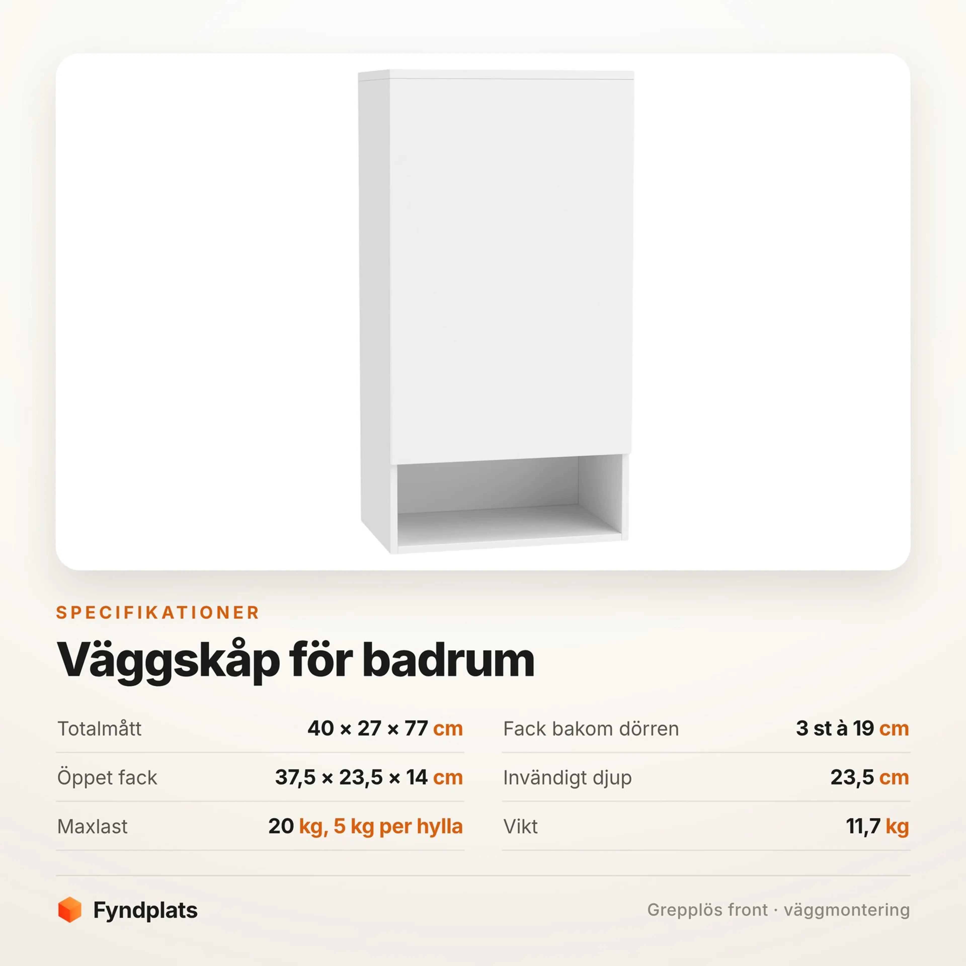 Specifikationskort för väggskåpet: 40 × 27 × 77 cm, tre fack à 19 cm och maxlast 20 kg