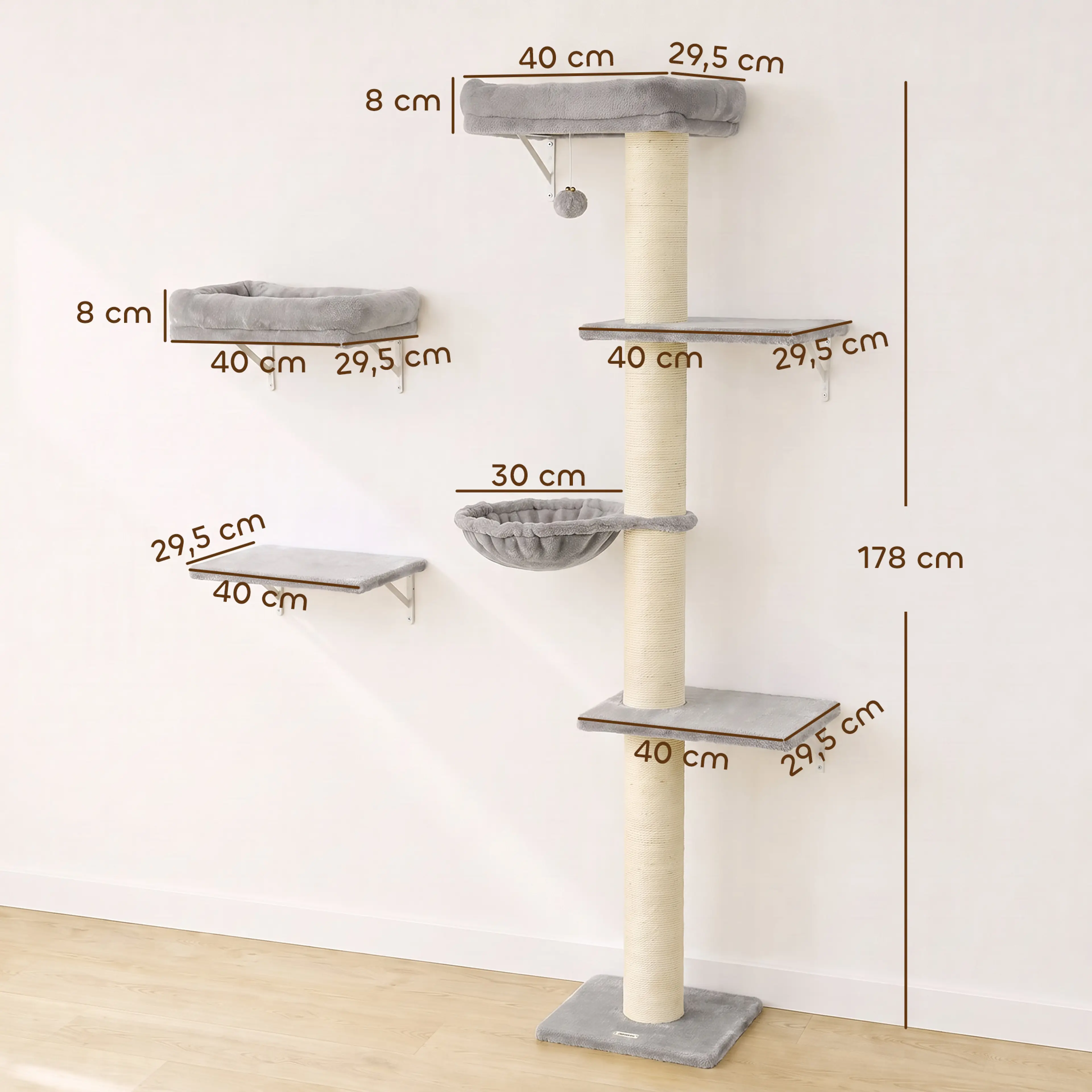 Måttritning över klätterväggen med totalhöjd 178 cm, bäddar 40 × 29,5 cm och hängmatta 30 cm