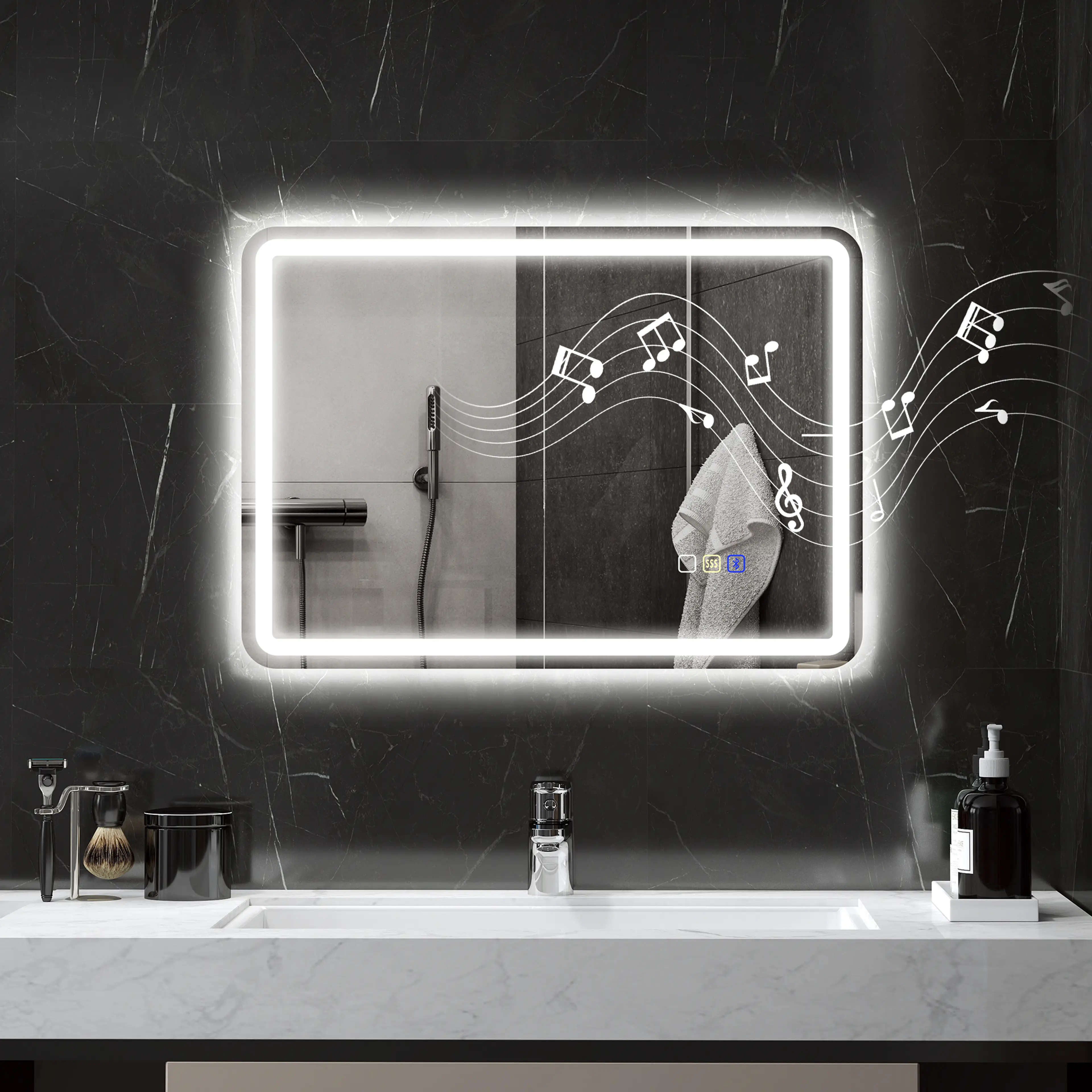 Badrumsspegel LED 70 × 50 cm med Bluetooth och klocka – bild 2