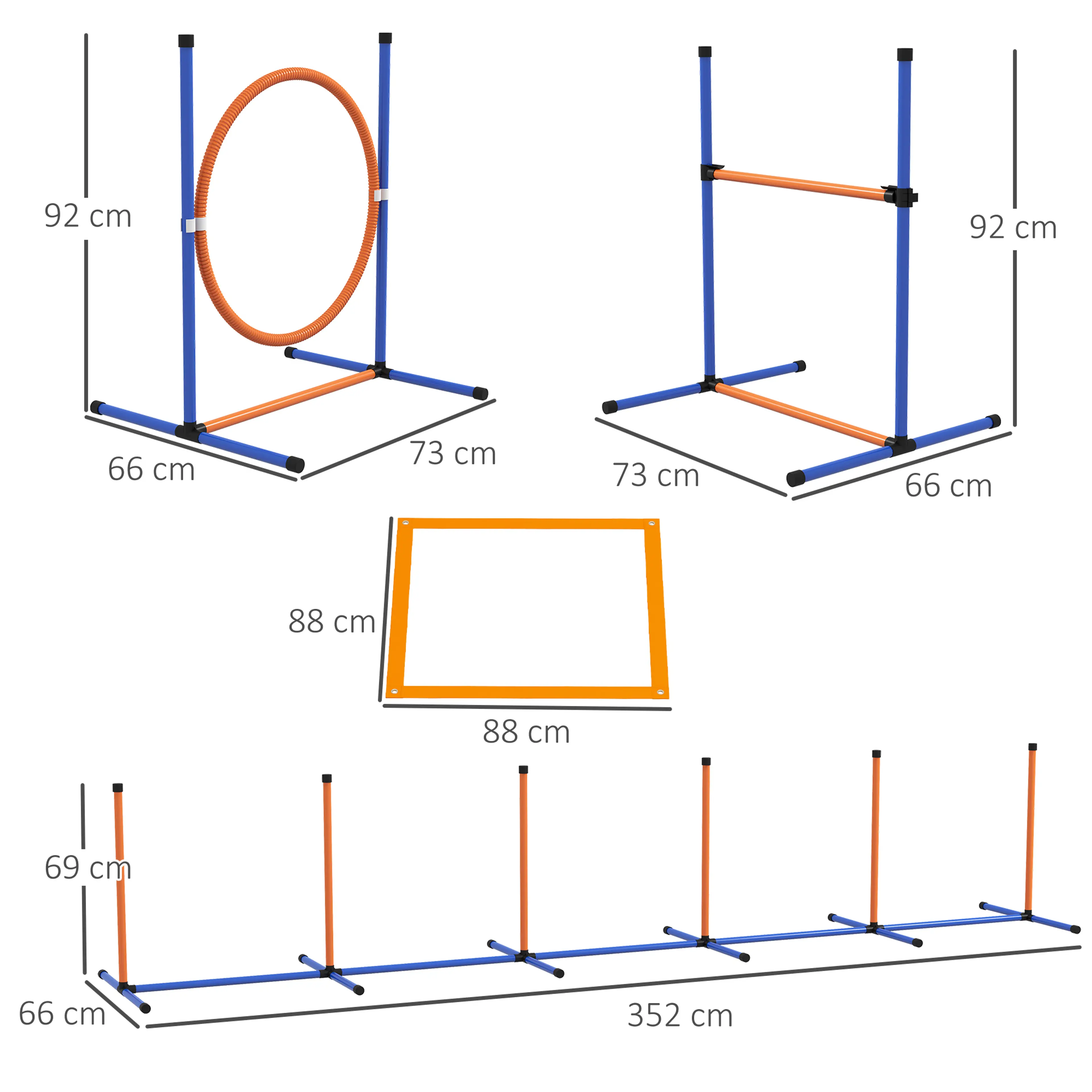 Måttbild: hoppringen och hindret är 92 cm höga, pausrutan 88 × 88 cm och slalomet 352 cm långt