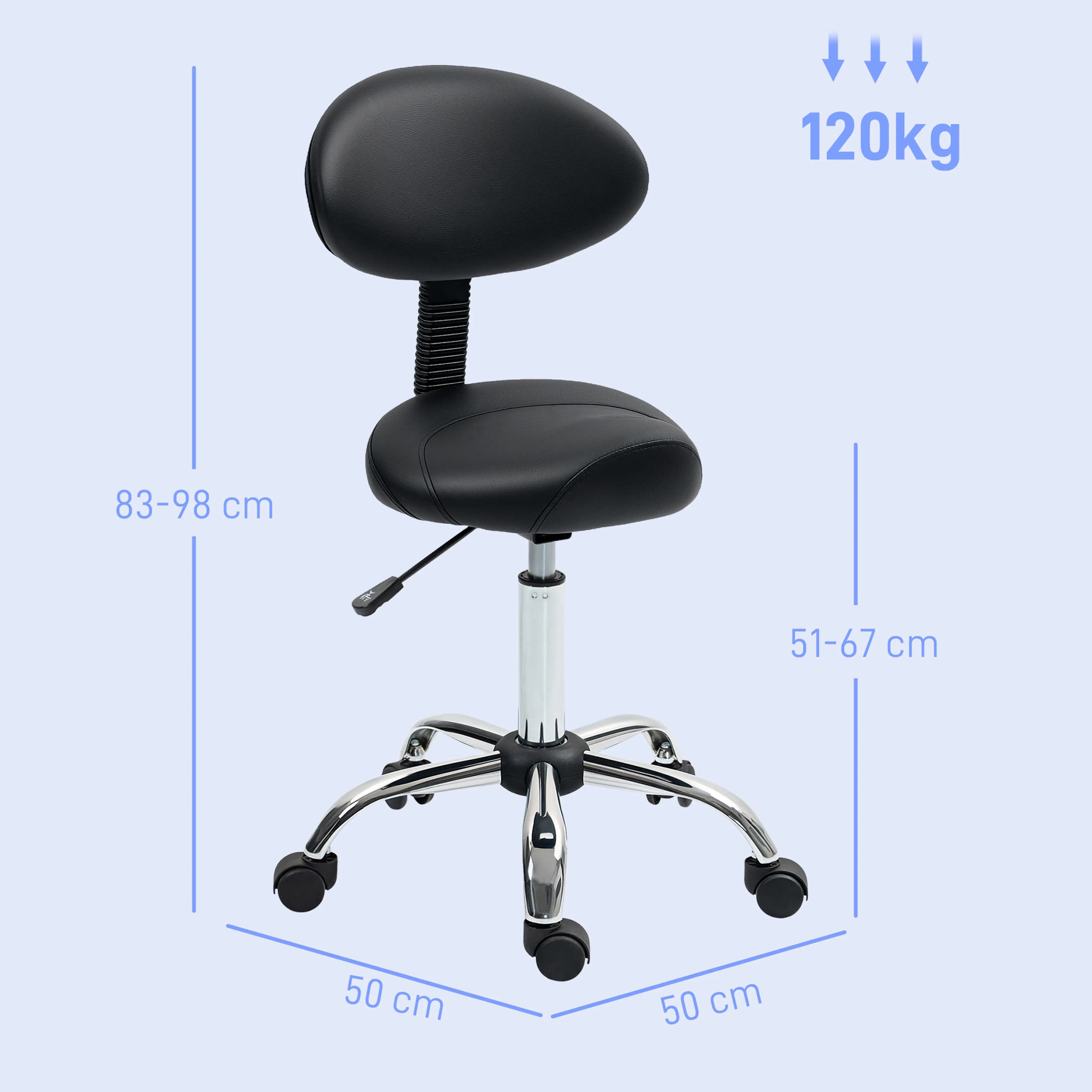 Arbetsstolens mått: 50 × 50 cm fot och 83–98 cm totalhöjd