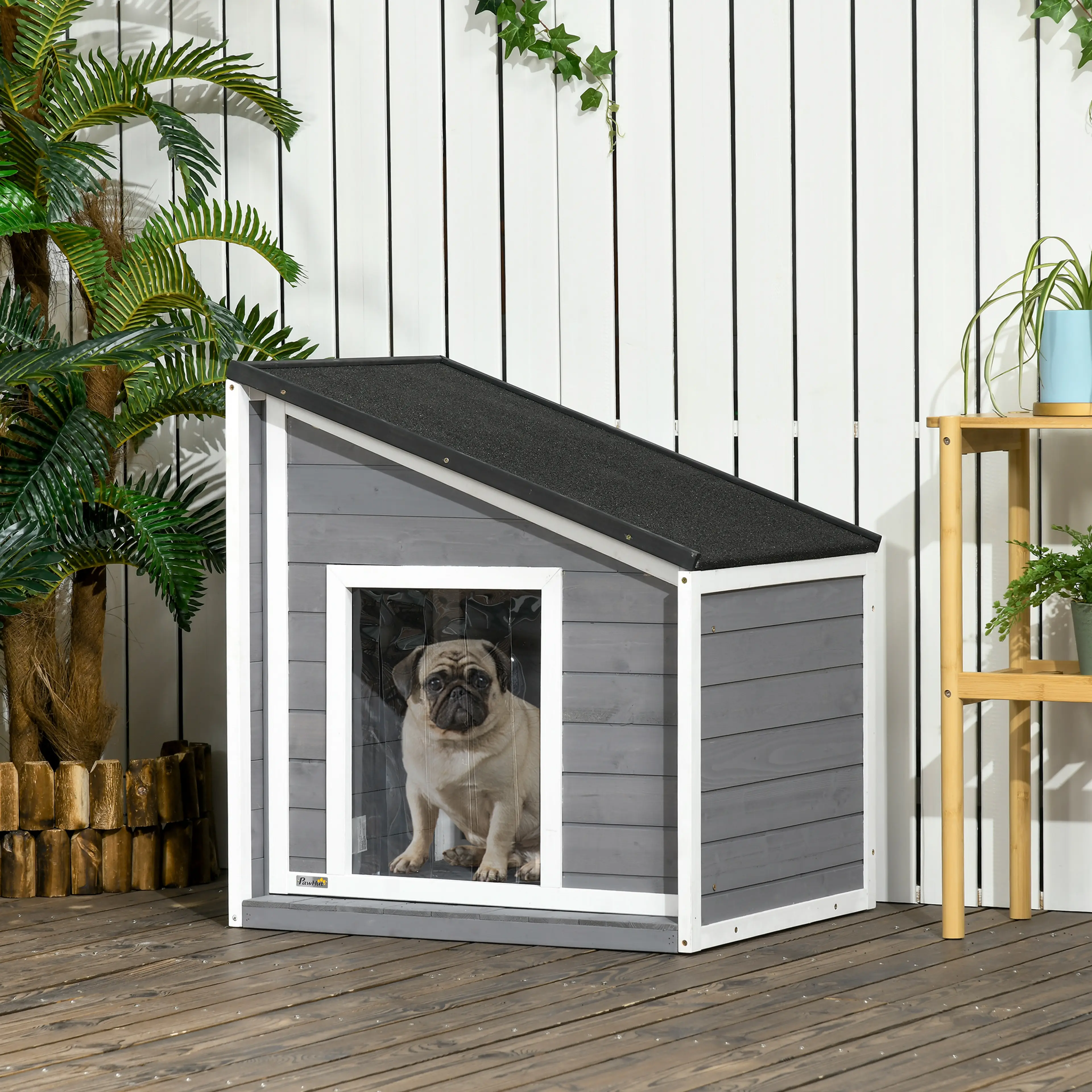 Hundkojan på en uteplats med en liten hund som tittar ut genom öppningen