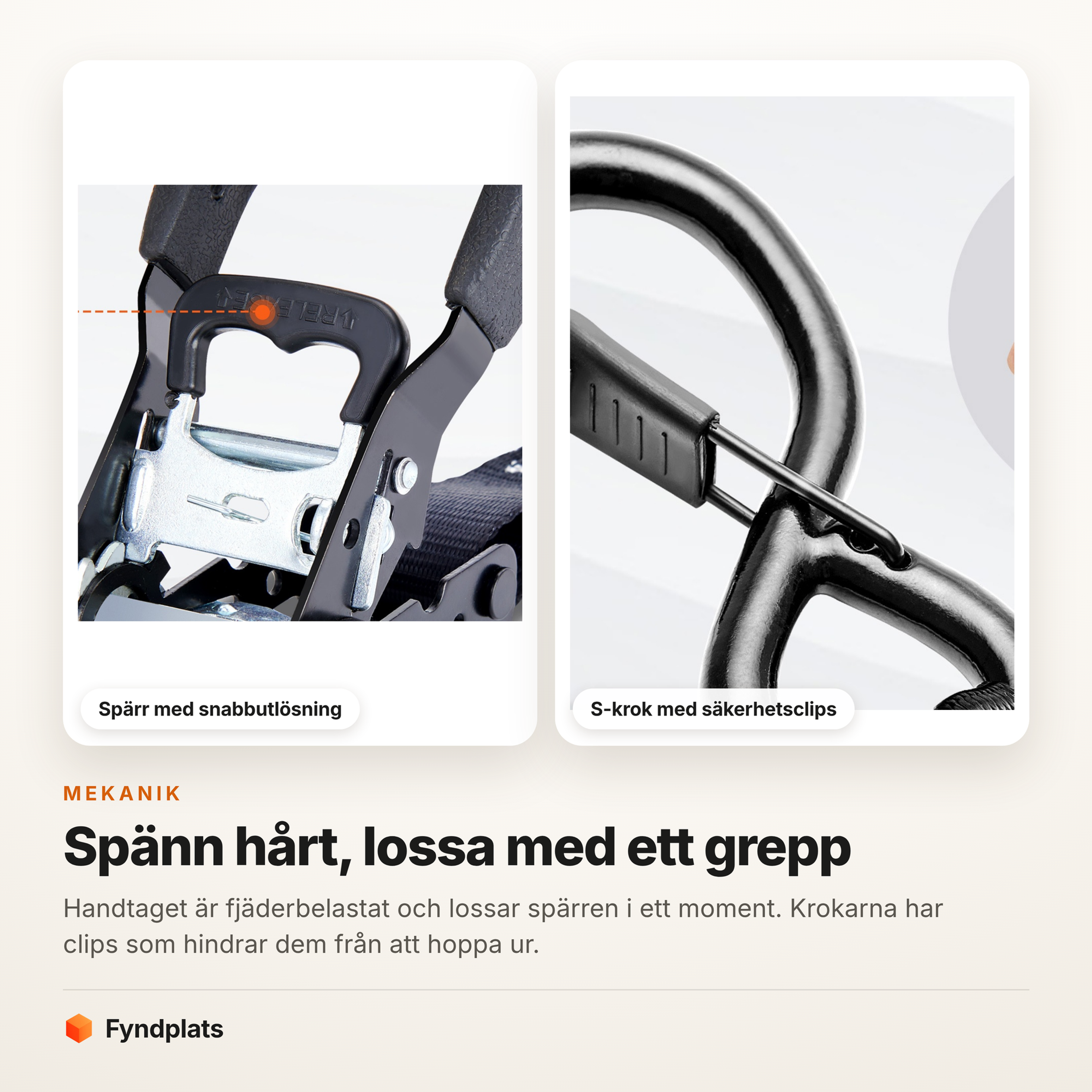 Spärr med snabbutlösning och S-krok med säkerhetsclips