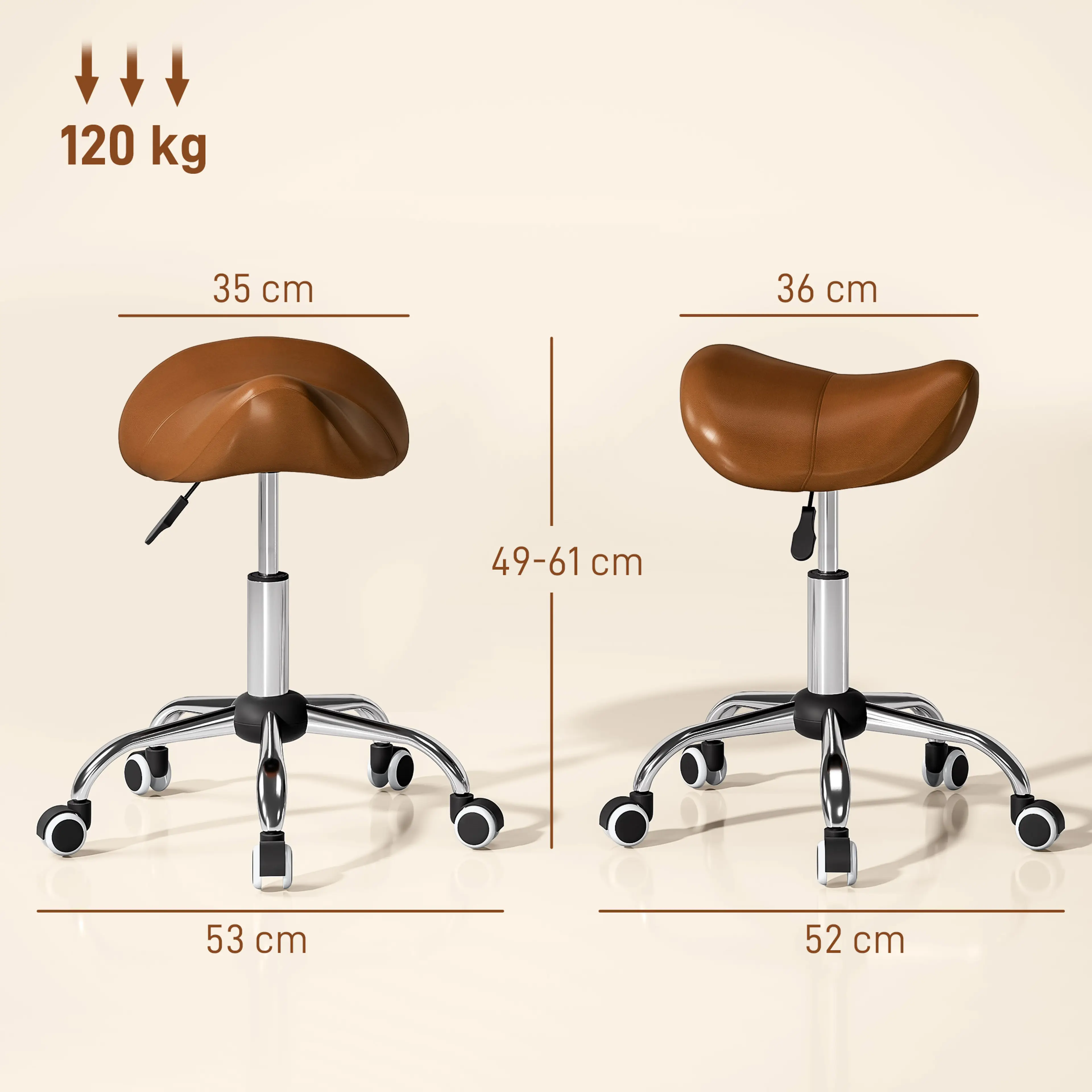 Måttritning för sadelpall: sits 35 × 36 cm, höjd 49–61 cm, fot 53 cm