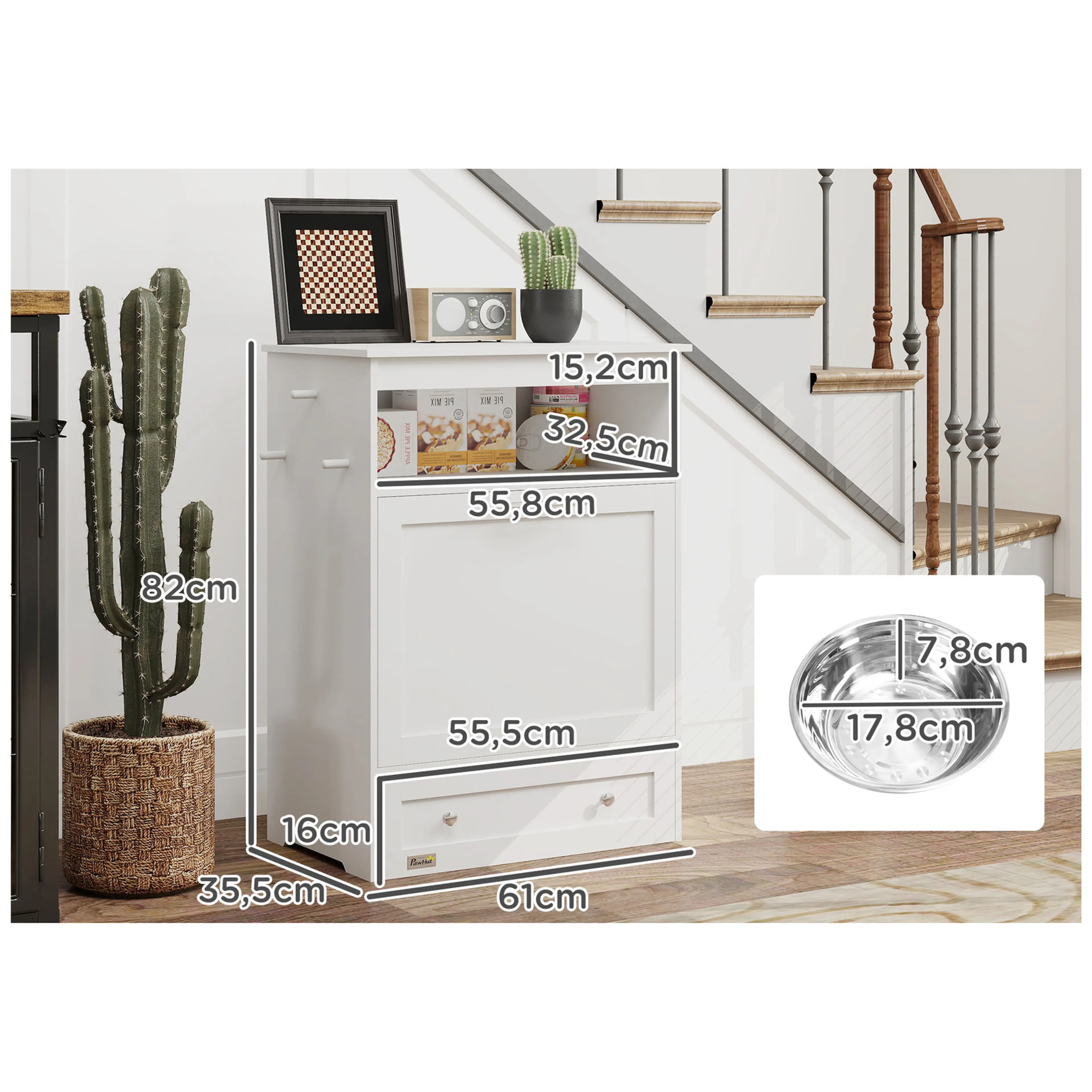 Måttritning: 82 cm högt, 61 cm brett och skål Ø 17,8 × 7,8 cm