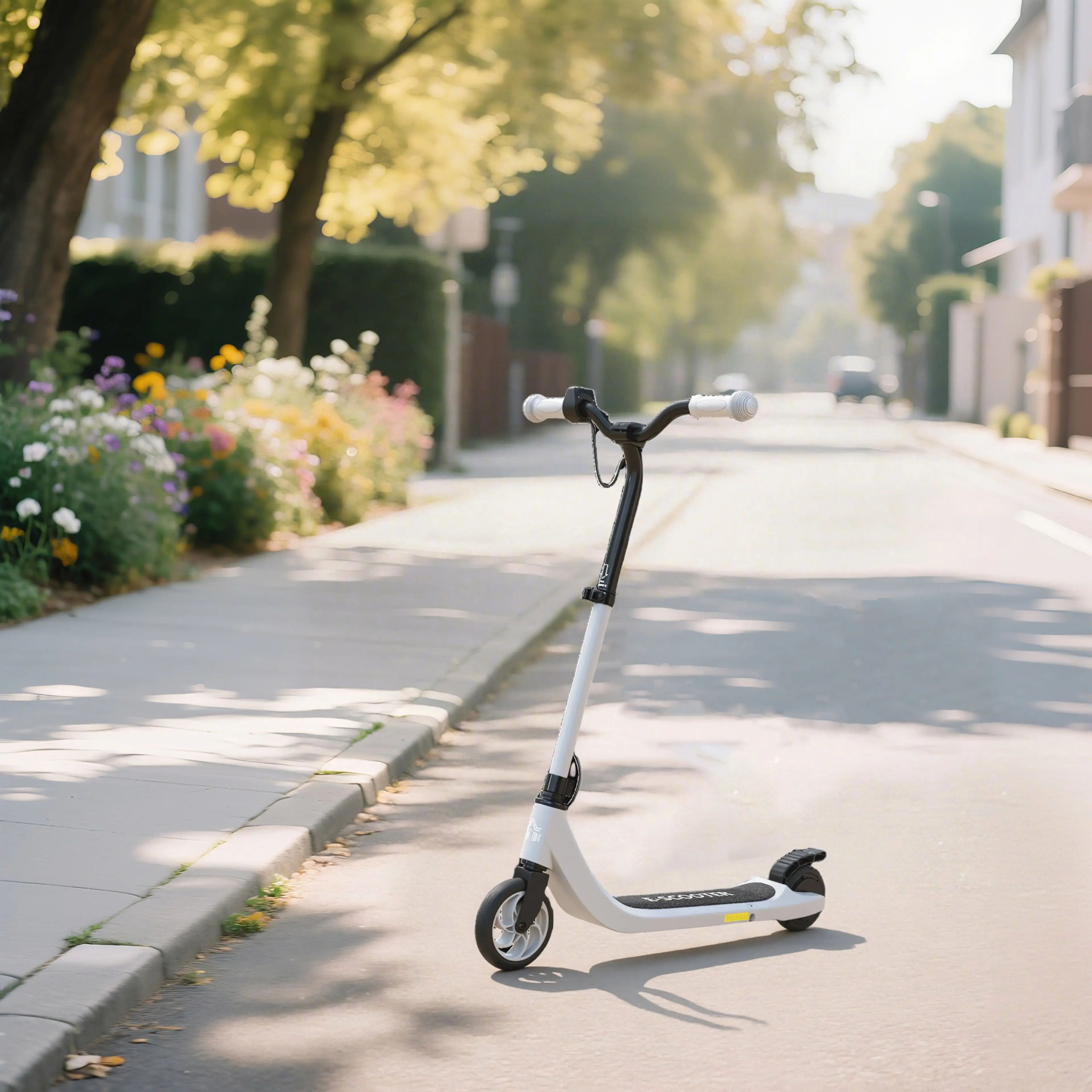 Den vita elscootern står på en solbelyst gata bredvid en trottoar med blomrabatter och träd