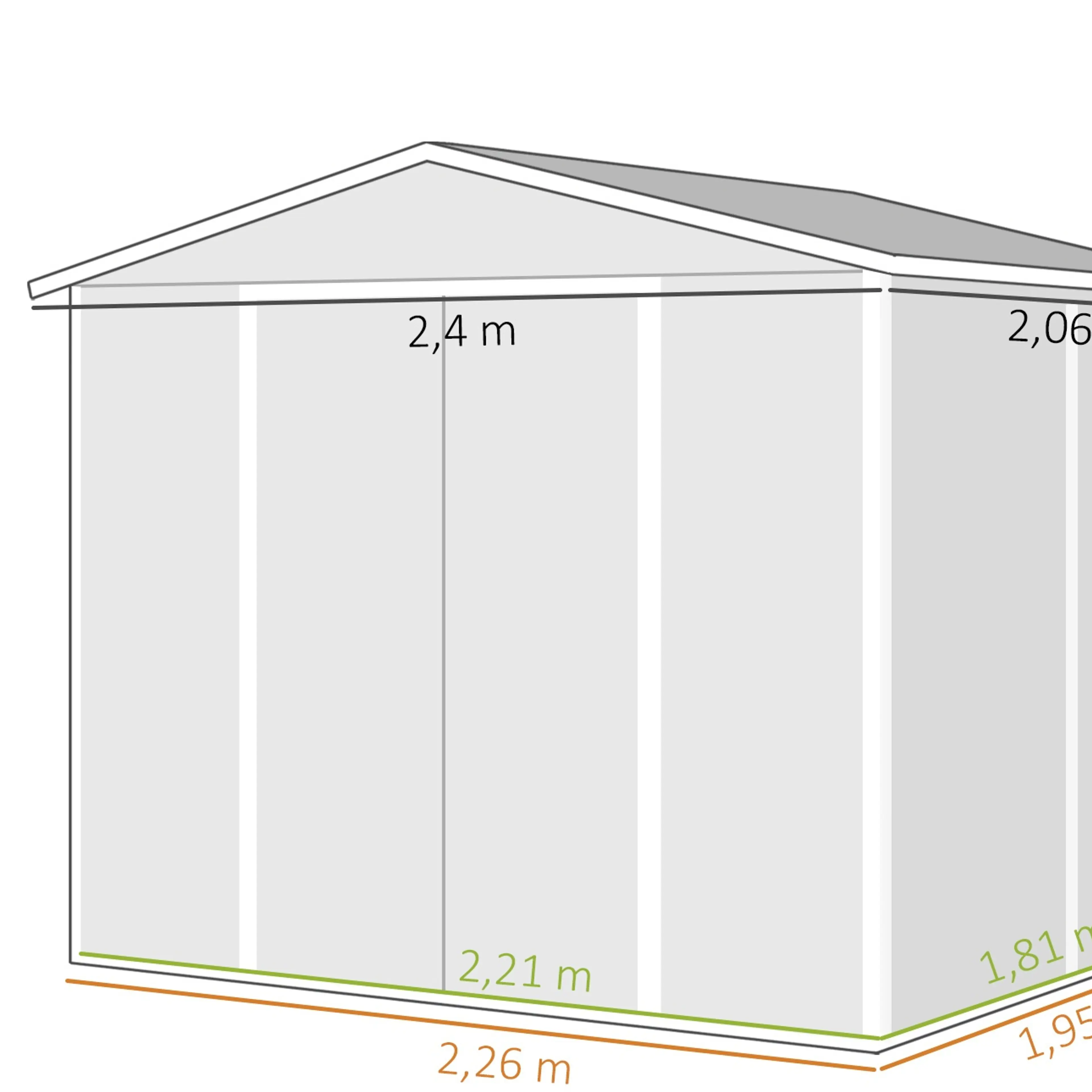 Måttskiss med yttermått 2,4 × 2,06 m, basram 2,26 × 1,95 m och invändigt 2,21 × 1,81 m