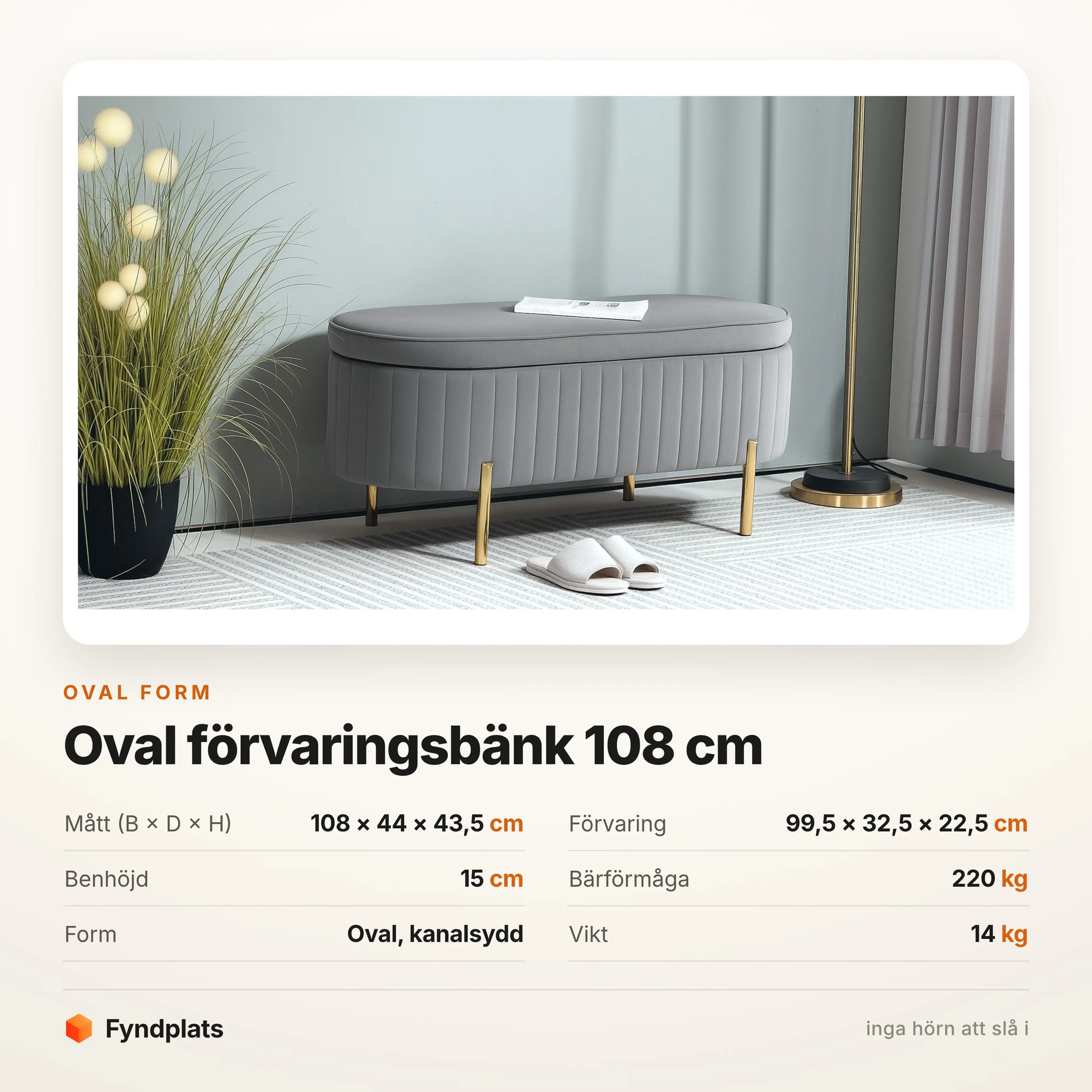 Oval förvaringsbänk 108 cm med mässingsfärgade ben – bild 3