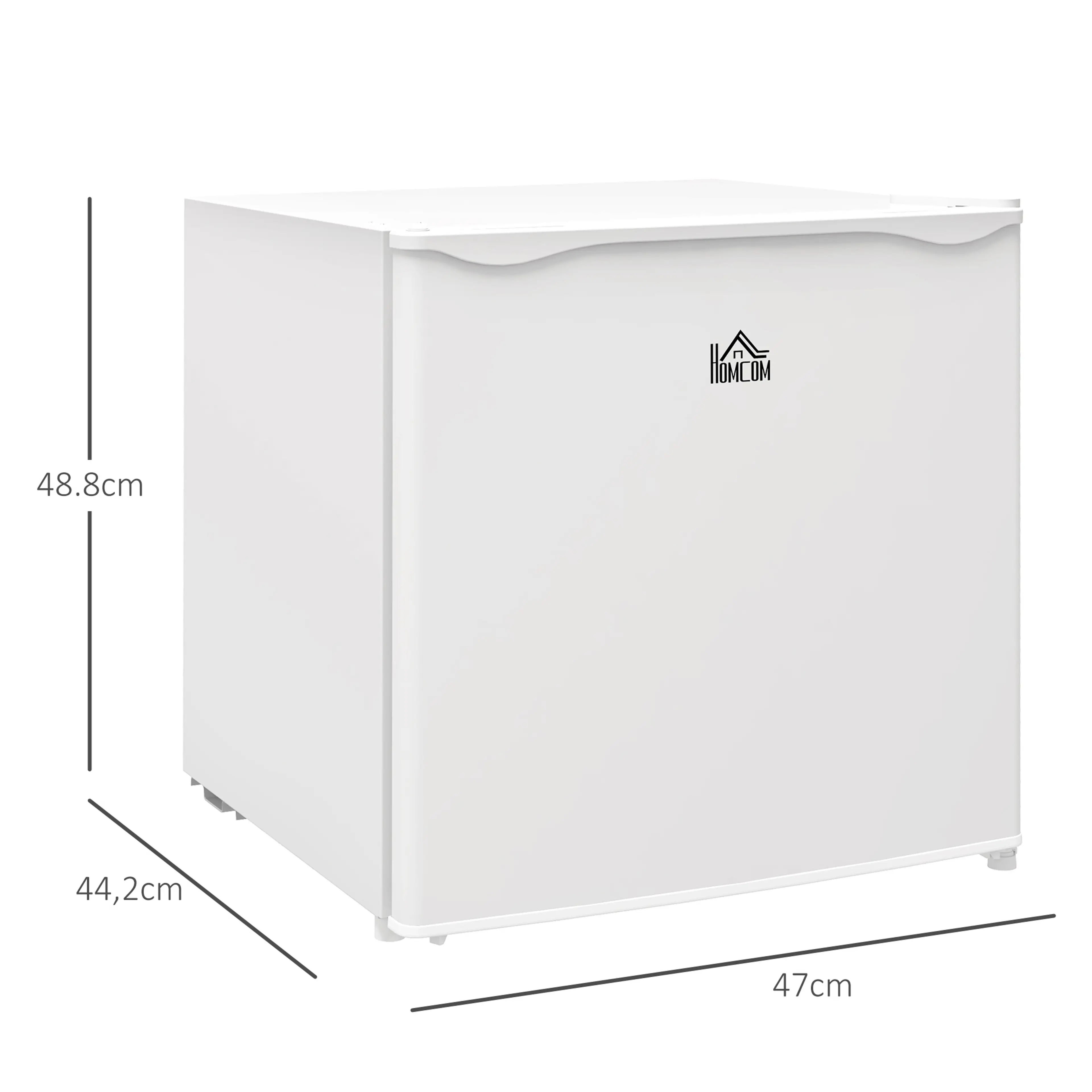 Minifrysens mått: 47 cm bred, 44,2 cm djup och 48,8 cm hög