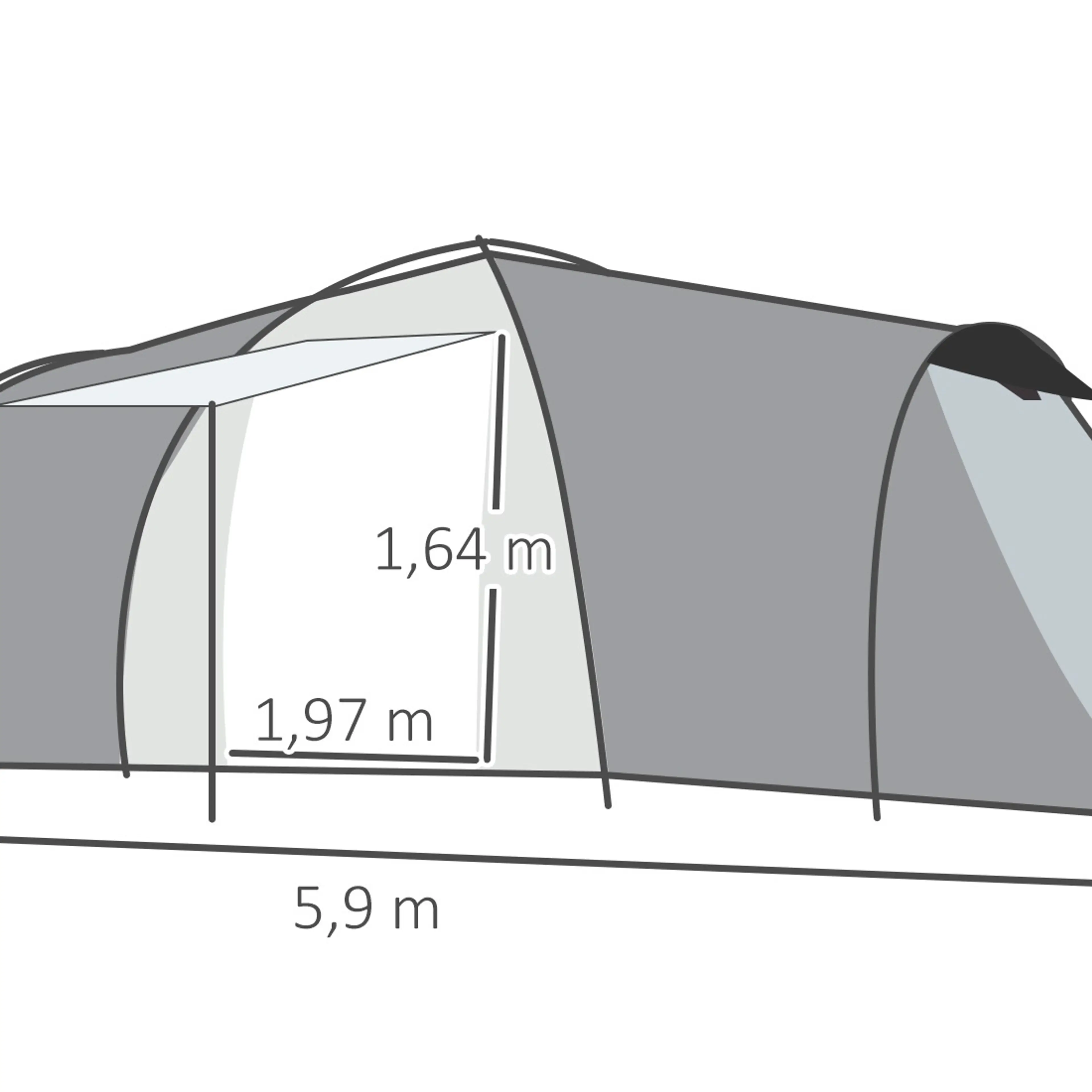 Måttskiss: 5,9 m längd, 2,45 m bredd, 1,93 m höjd och dörr 1,97 × 1,64 m