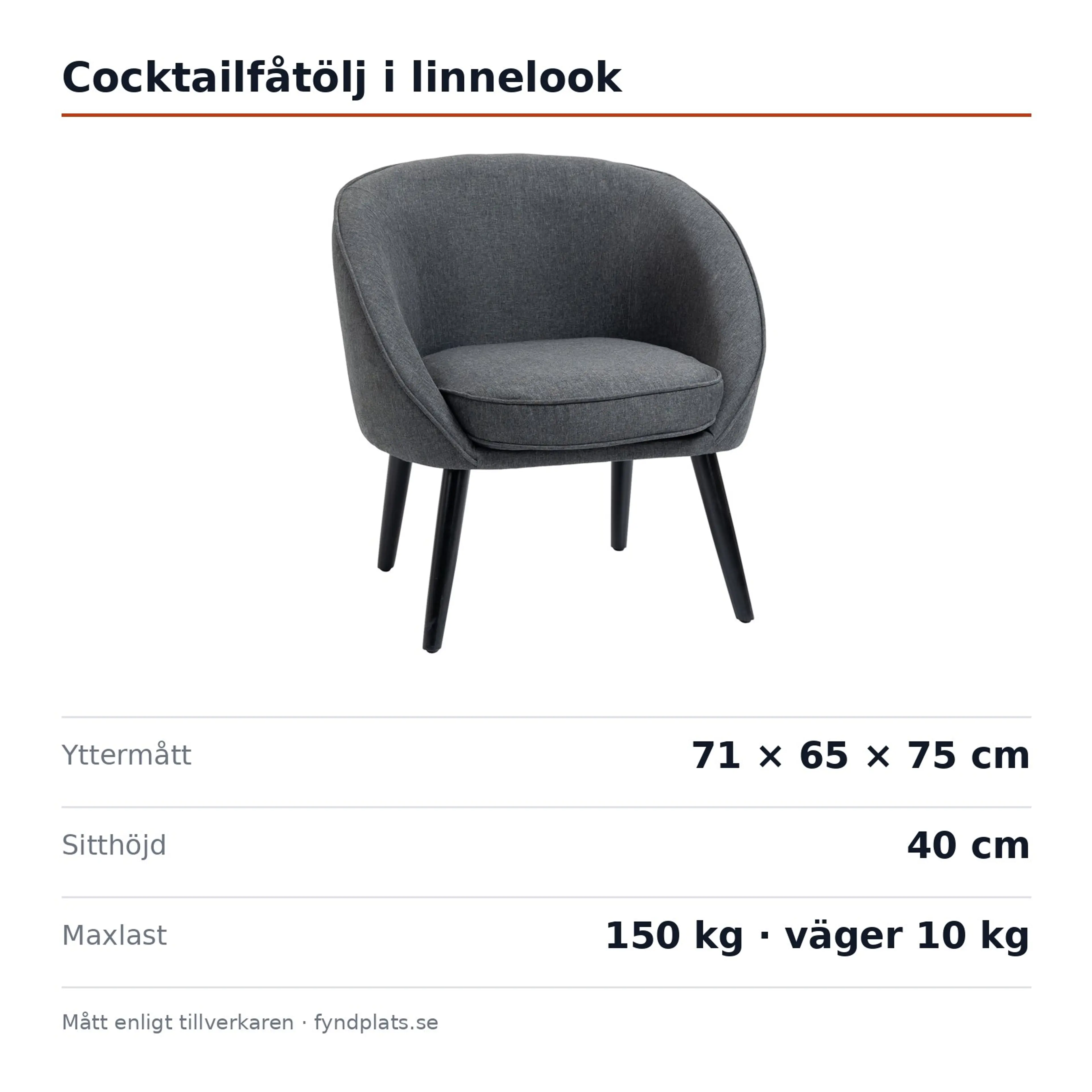 Spec-kort: cocktailfåtölj 71 × 65 × 75 cm, sitthöjd 40 cm, maxlast 150 kg
