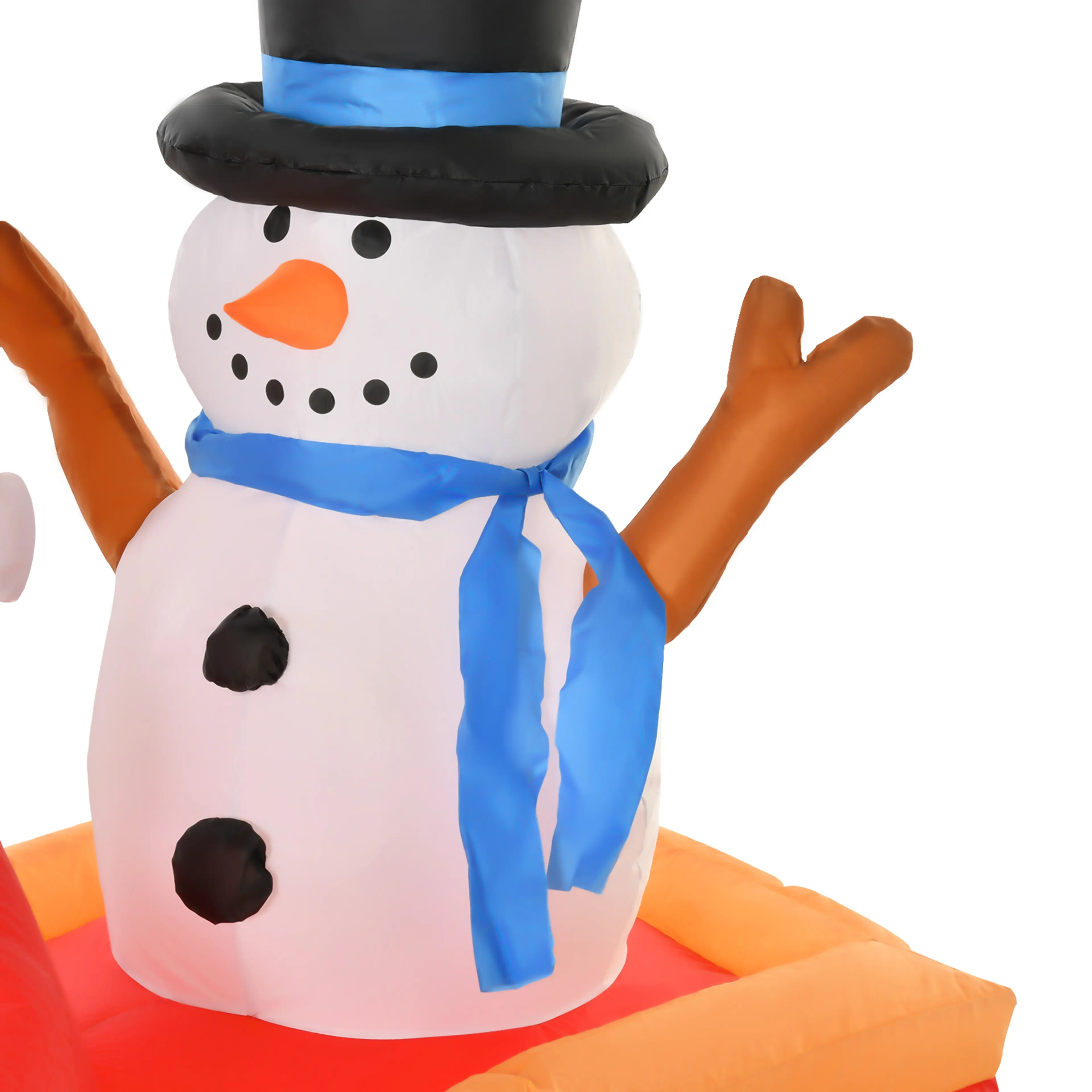 Närbild på snögubben med hög hatt och blå halsduk