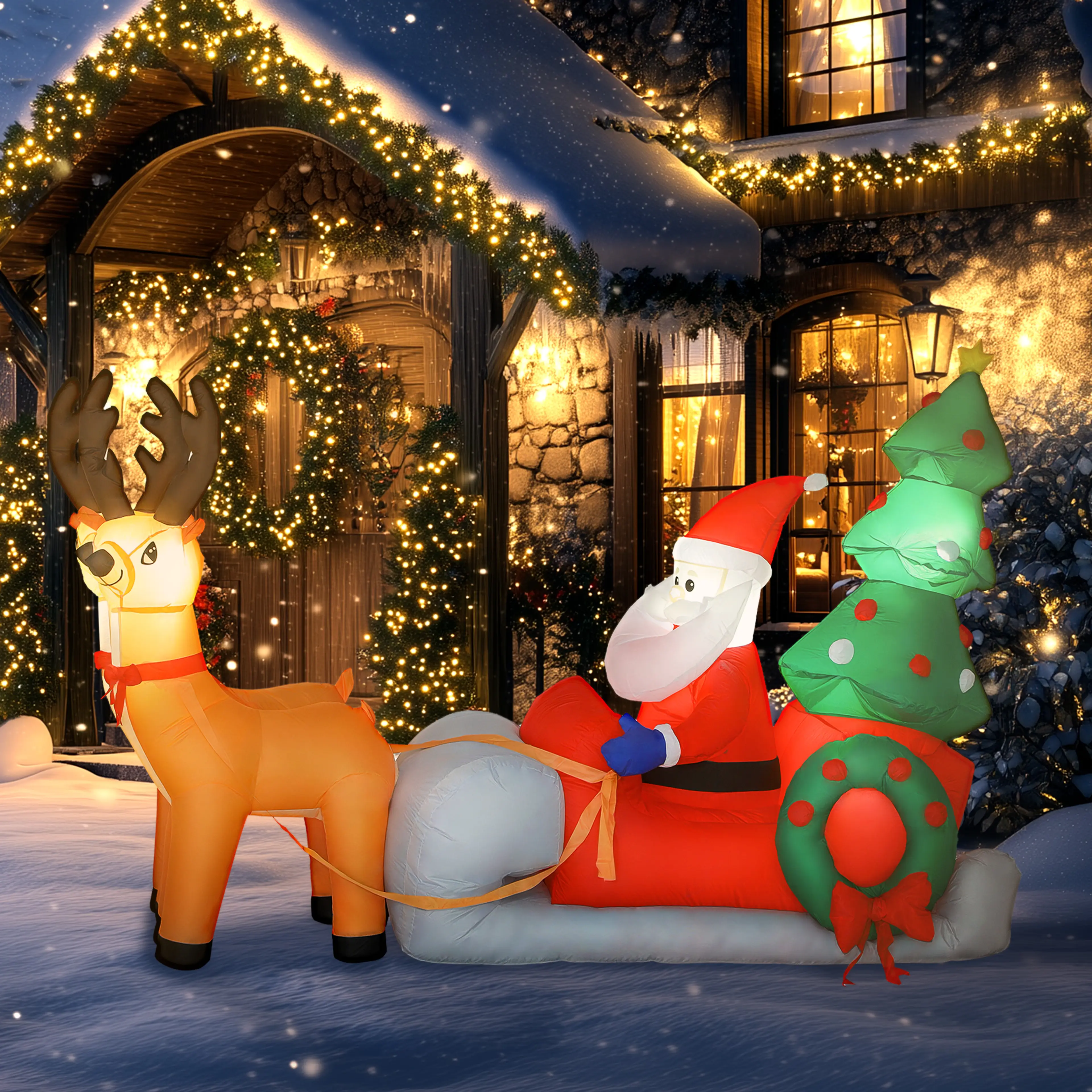 Jultomten upplyst på kvällen vid en entré med julkrans