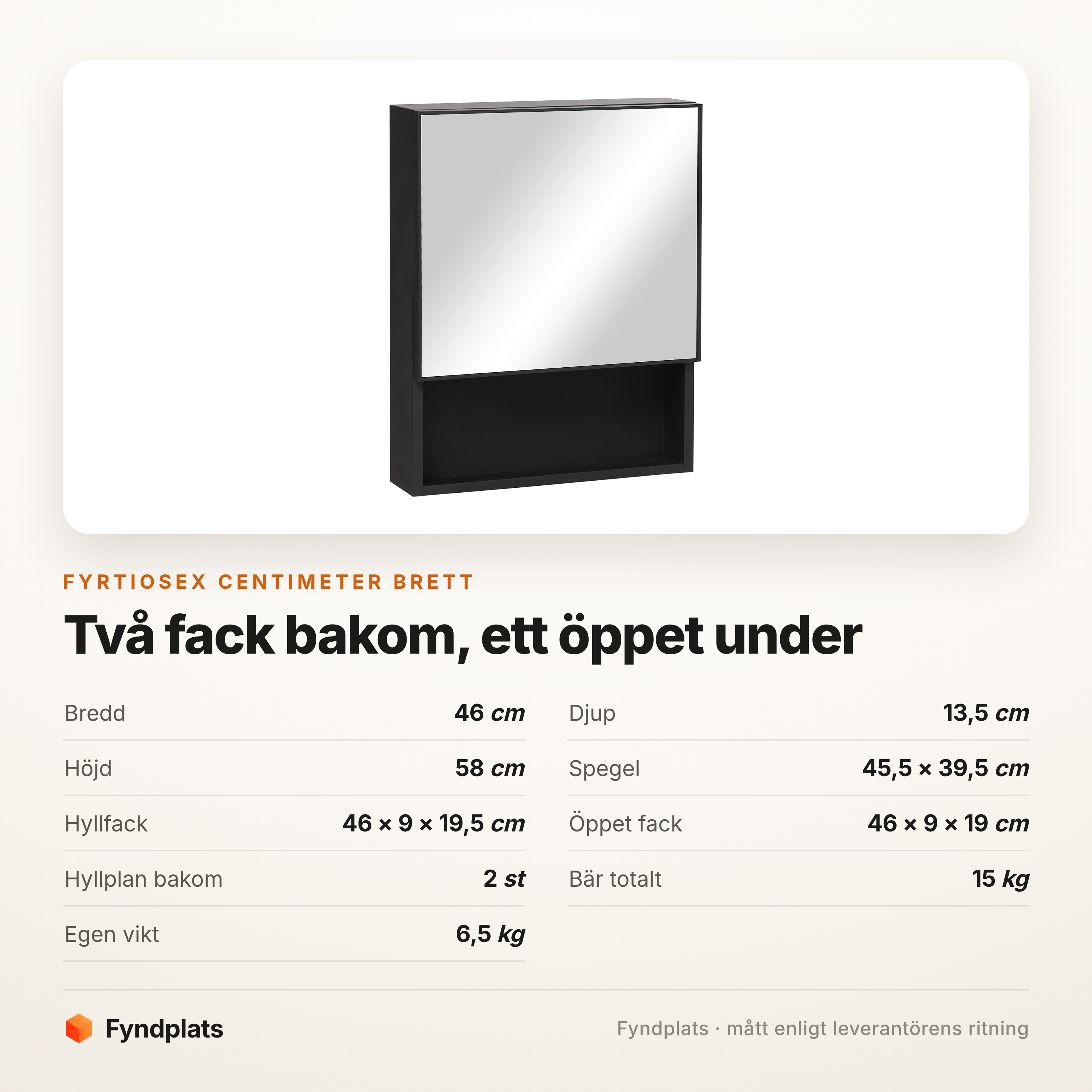 Spegelskåp 46 × 58 cm med öppen hylla – svart – bild 5