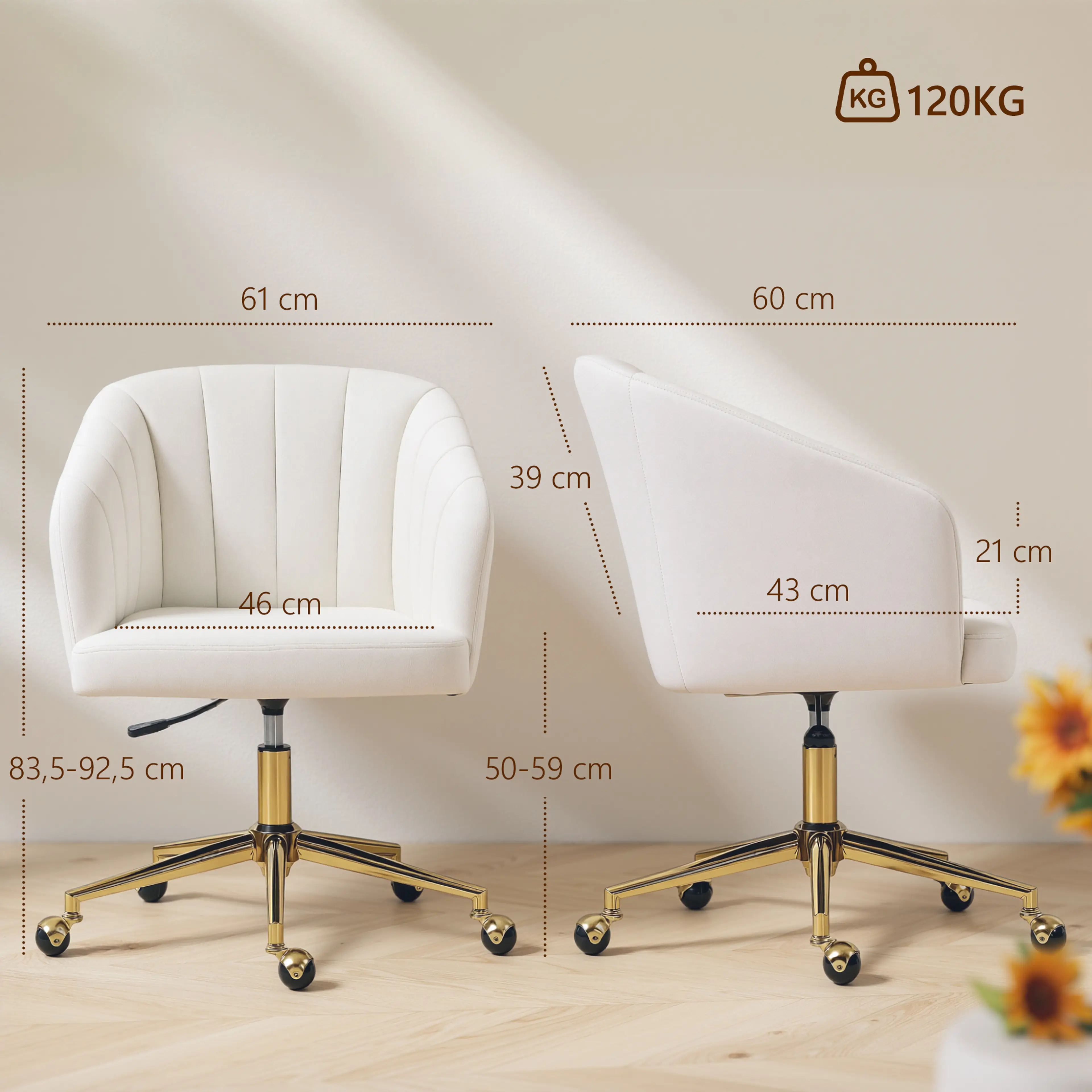 Måttritning med bredd 61 cm, djup 60 cm, rygg 39 cm och sitthöjd 50–59 cm