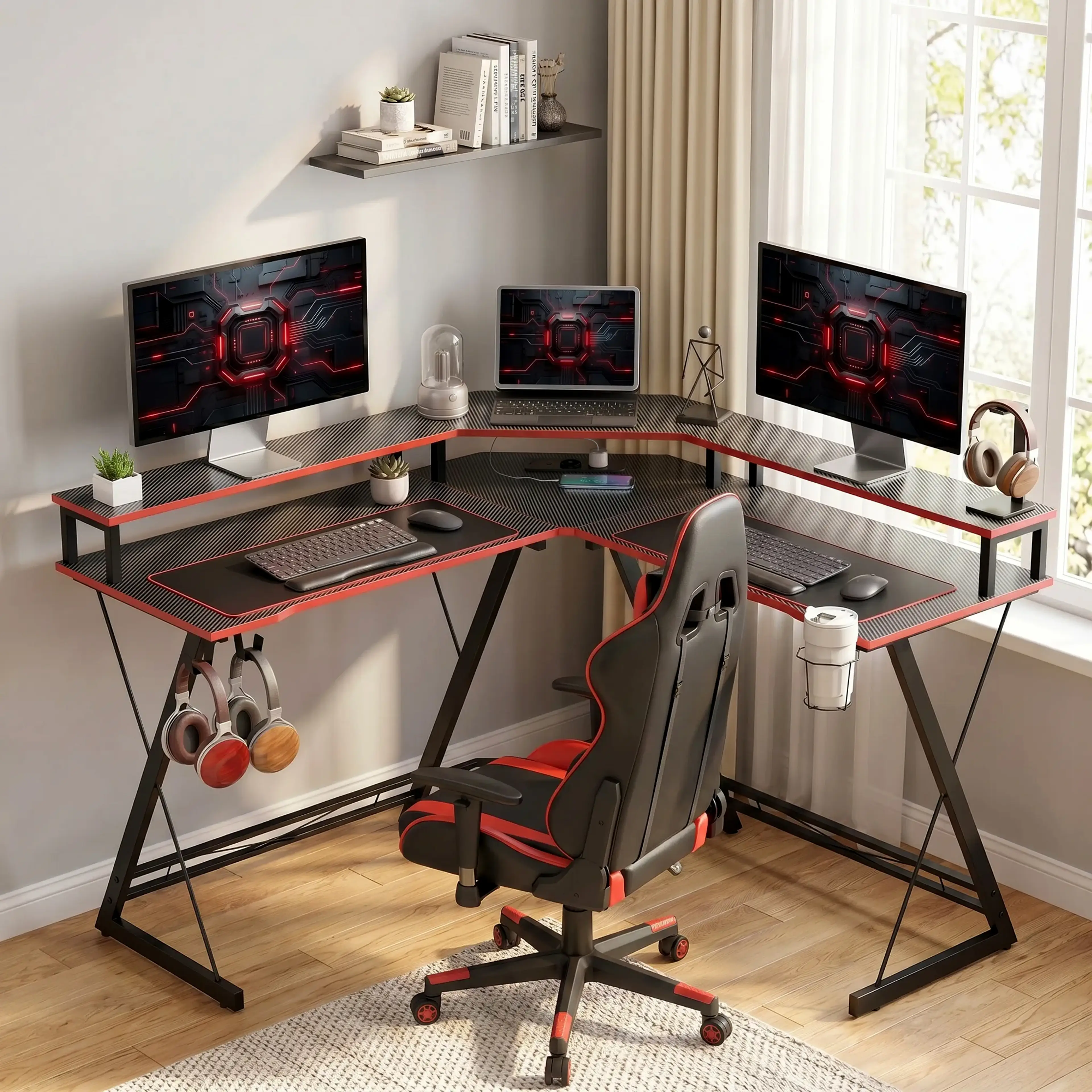 Hörnskrivbord gaming med eluttag, USB och skärmställ för 2 skärmar