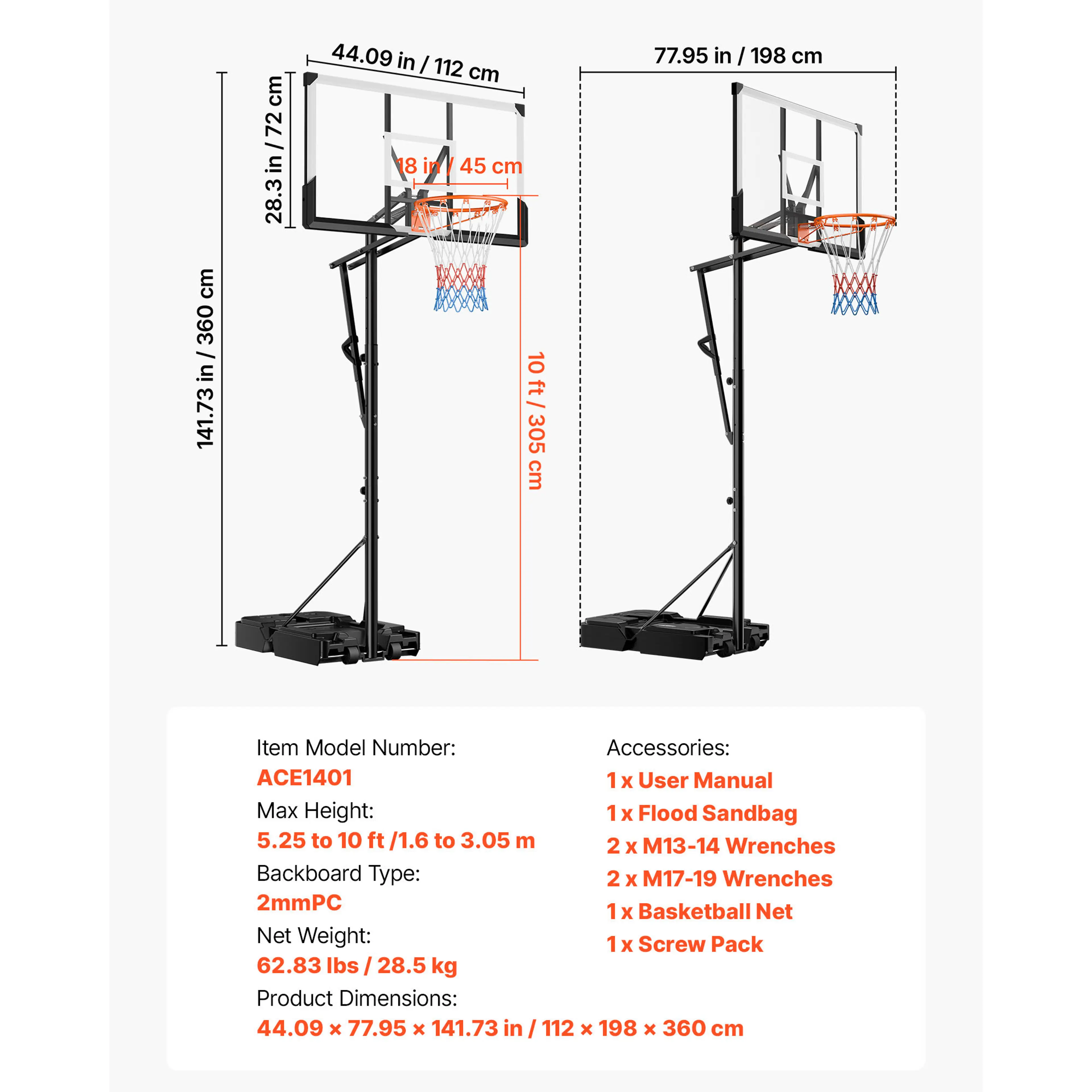 Basketställning portabel – justerbar höjd 160–305 cm med PC-backboard och hjul