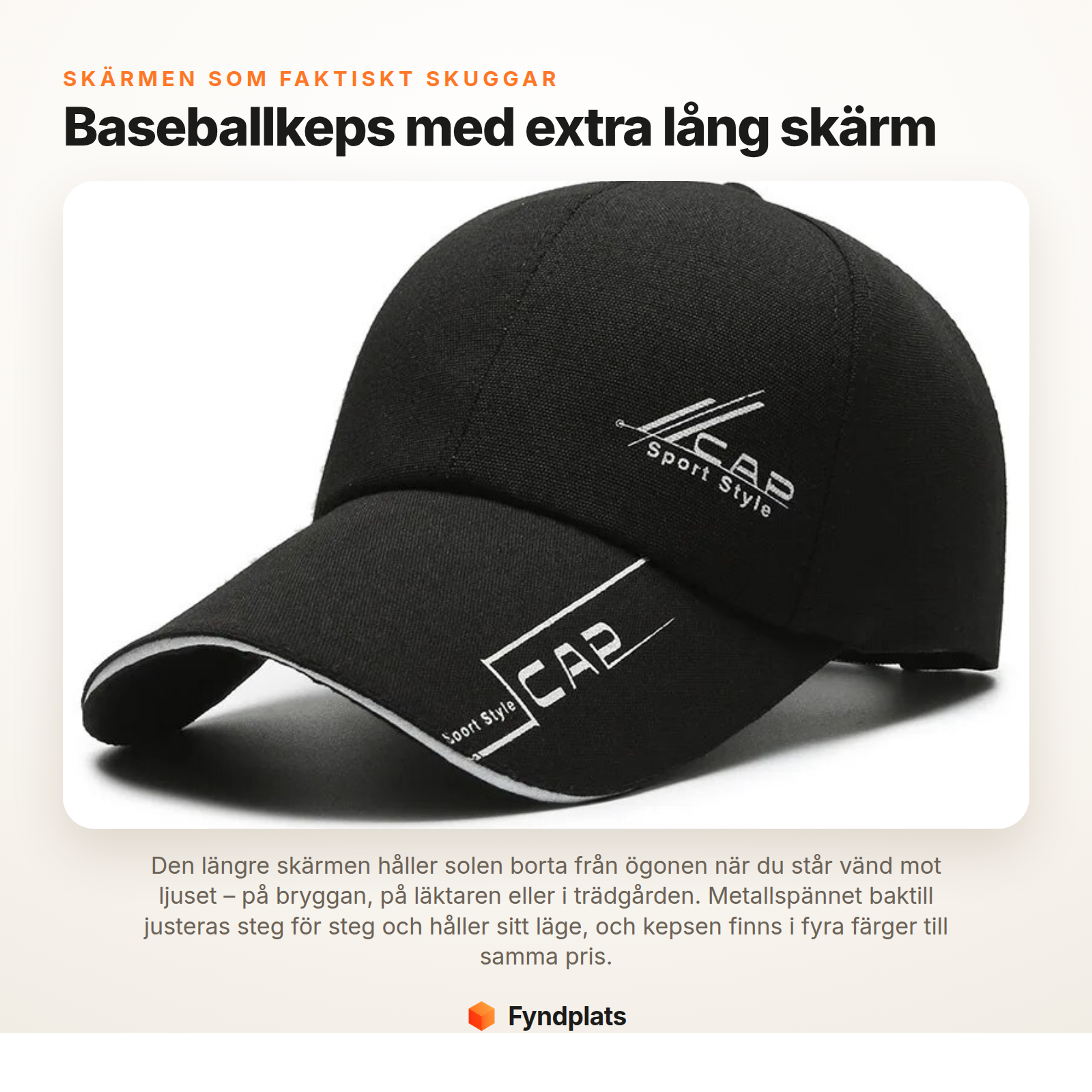 Fyndplats faktakort: baseballkeps med extra lång skärm i fyra färger