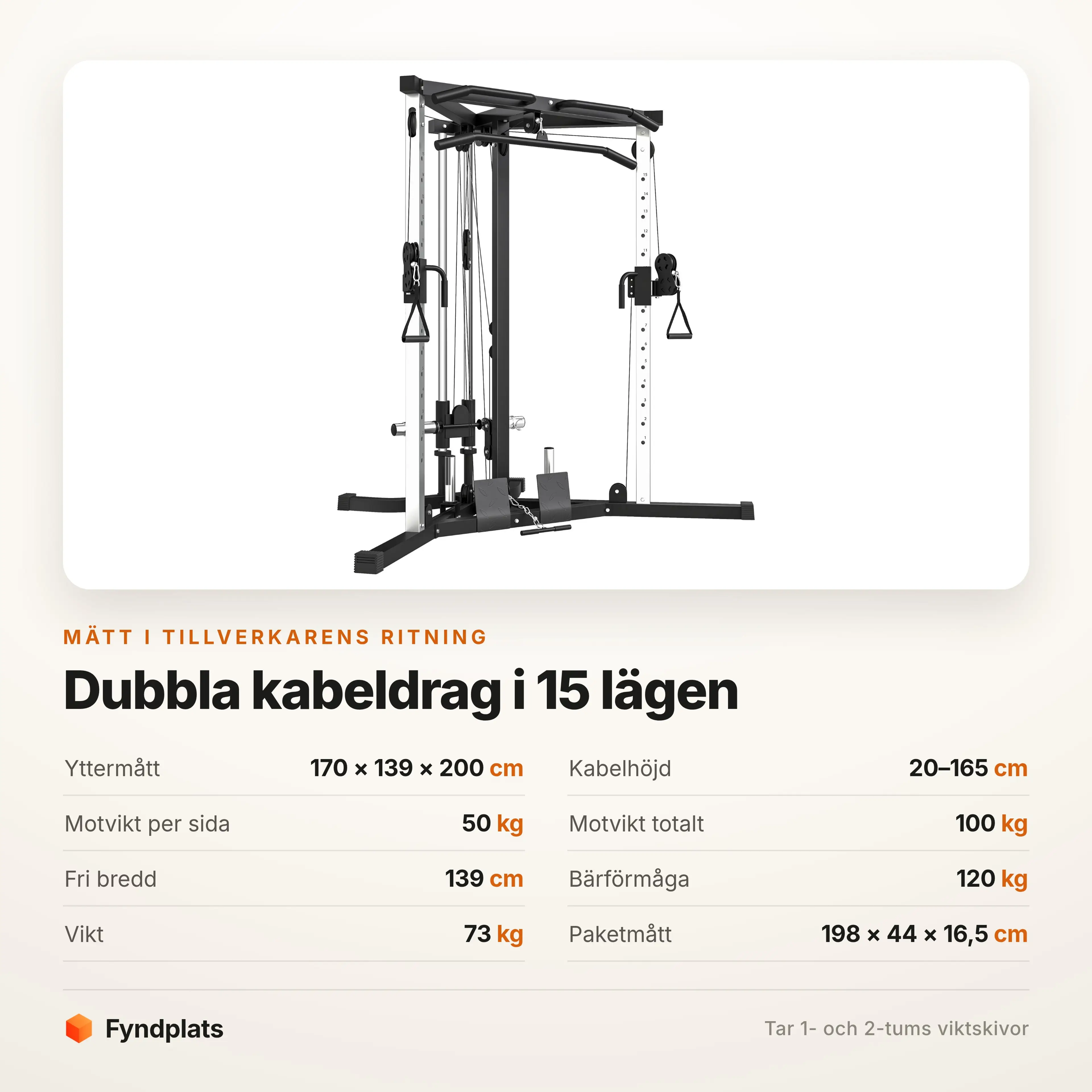 Specifikationer: 170 × 139 × 200 cm, kabelhöjd 20–165 cm, 50 kg per sida