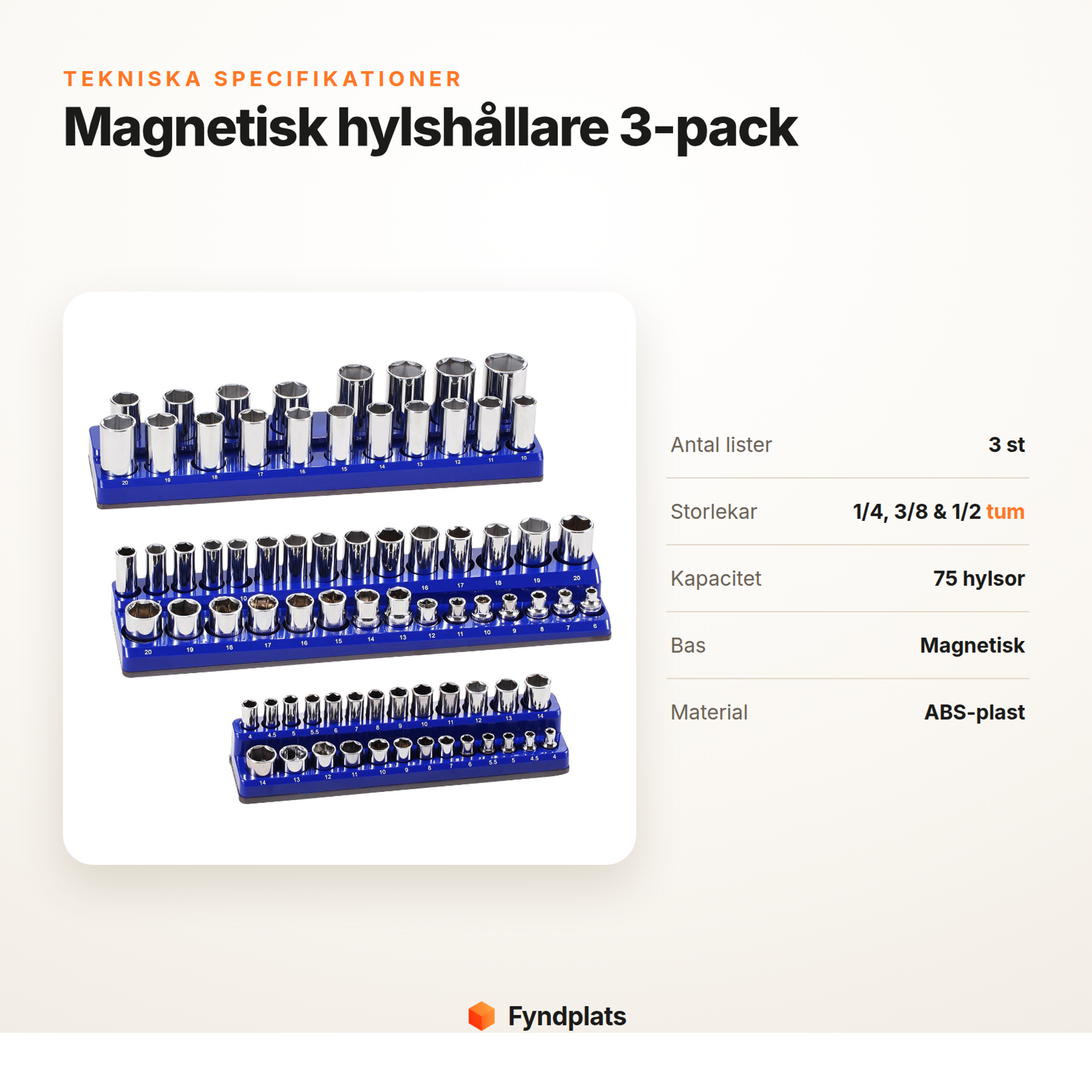 Fyndplats-kort: tekniska specifikationer för magnetisk hylshållare 3-pack
