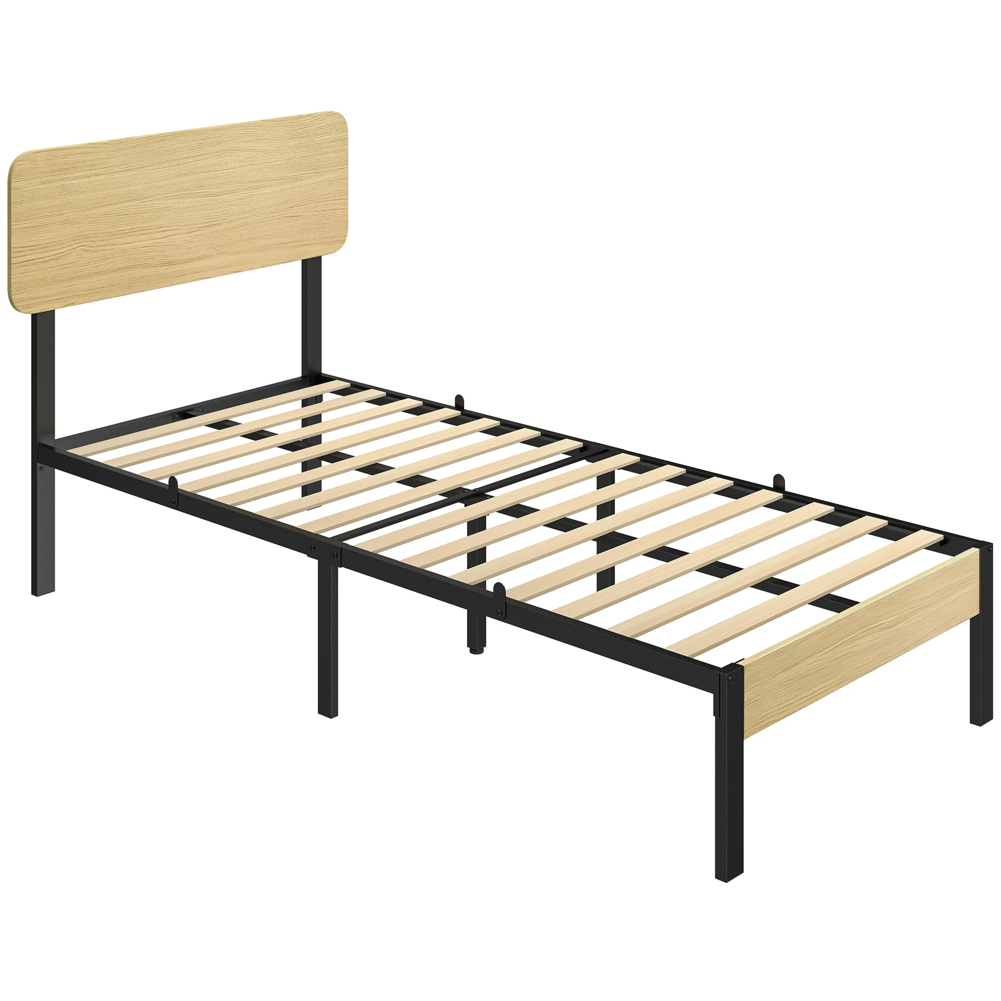 Sängram 90x200 med svart metallstomme och gavel i trälook