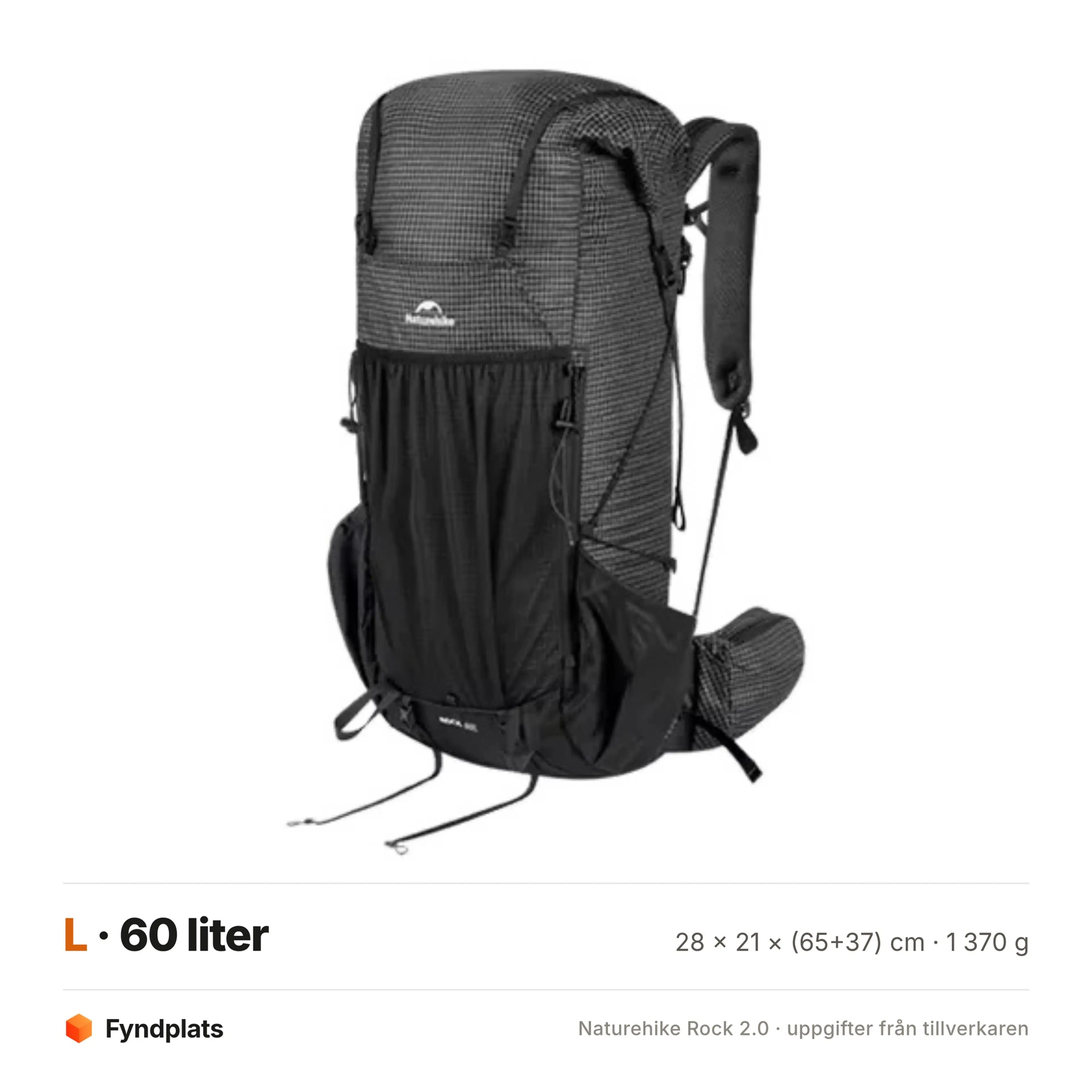 Vandringsryggsäck Rock 2.0 på 60 liter, sedd snett framifrån