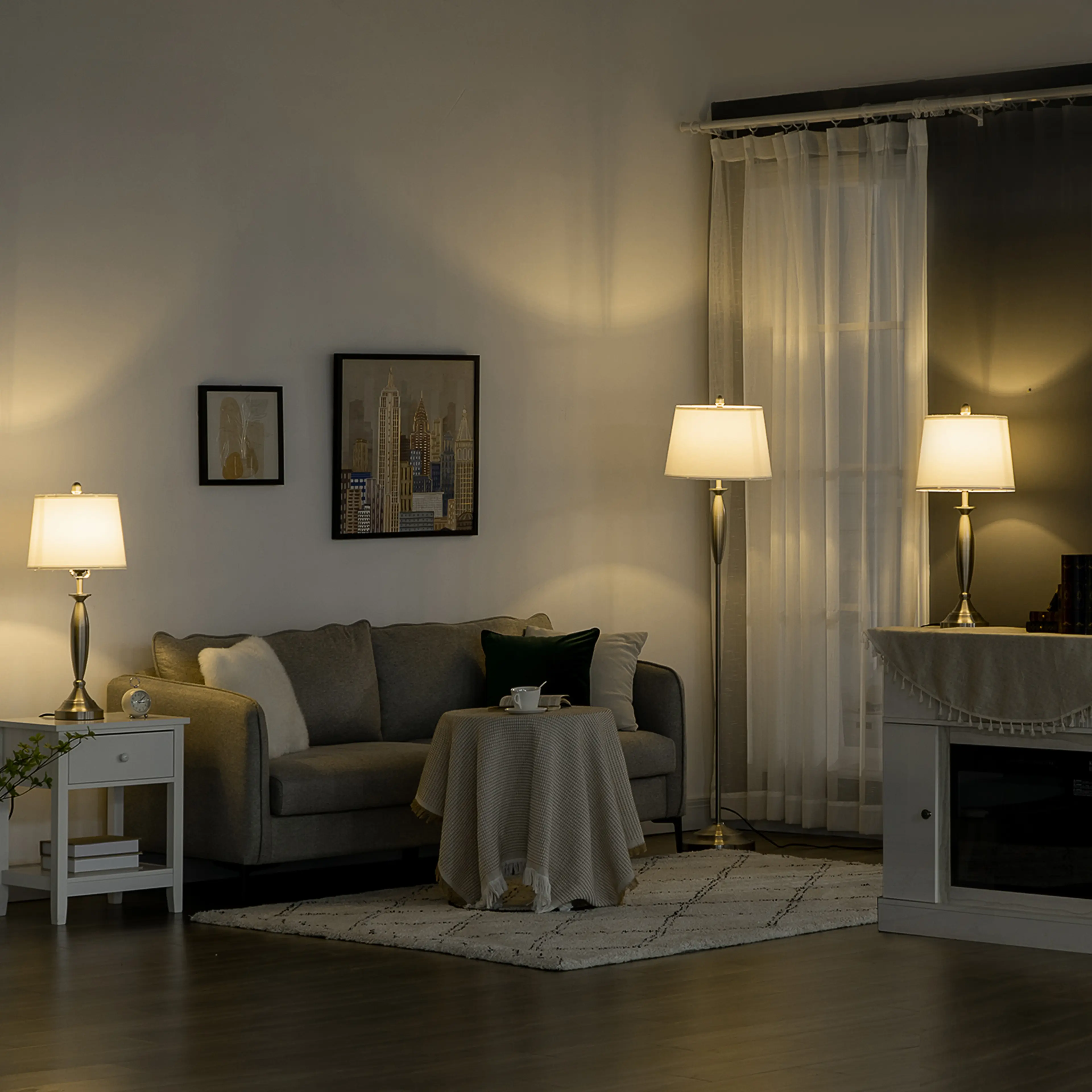 Lampset i tre delar silver – golvlampa 162 cm och två bordslampor i linnelook – bild 3