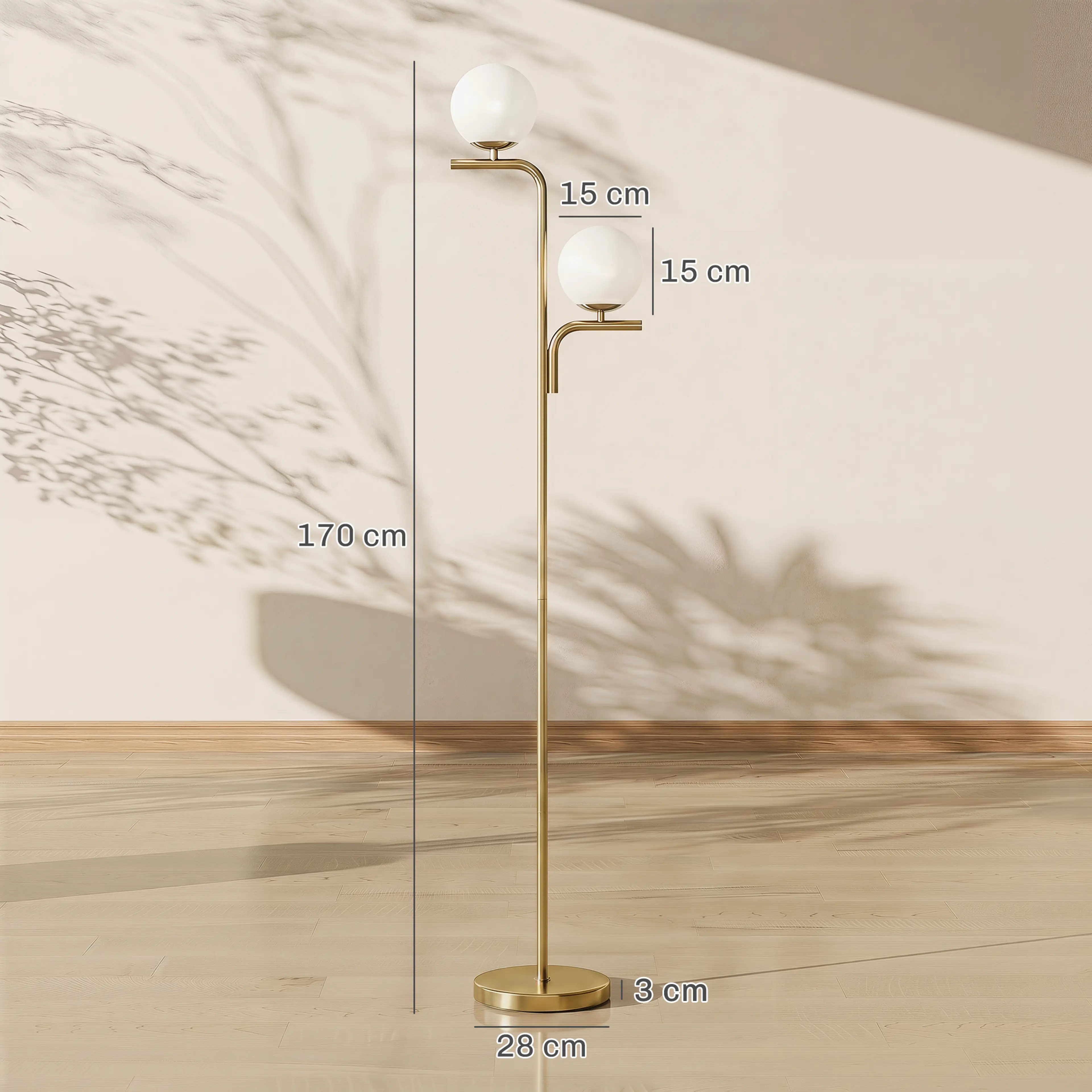Måttskiss: 170 cm hög, kupor på 15 cm och fot på 28 cm i diameter