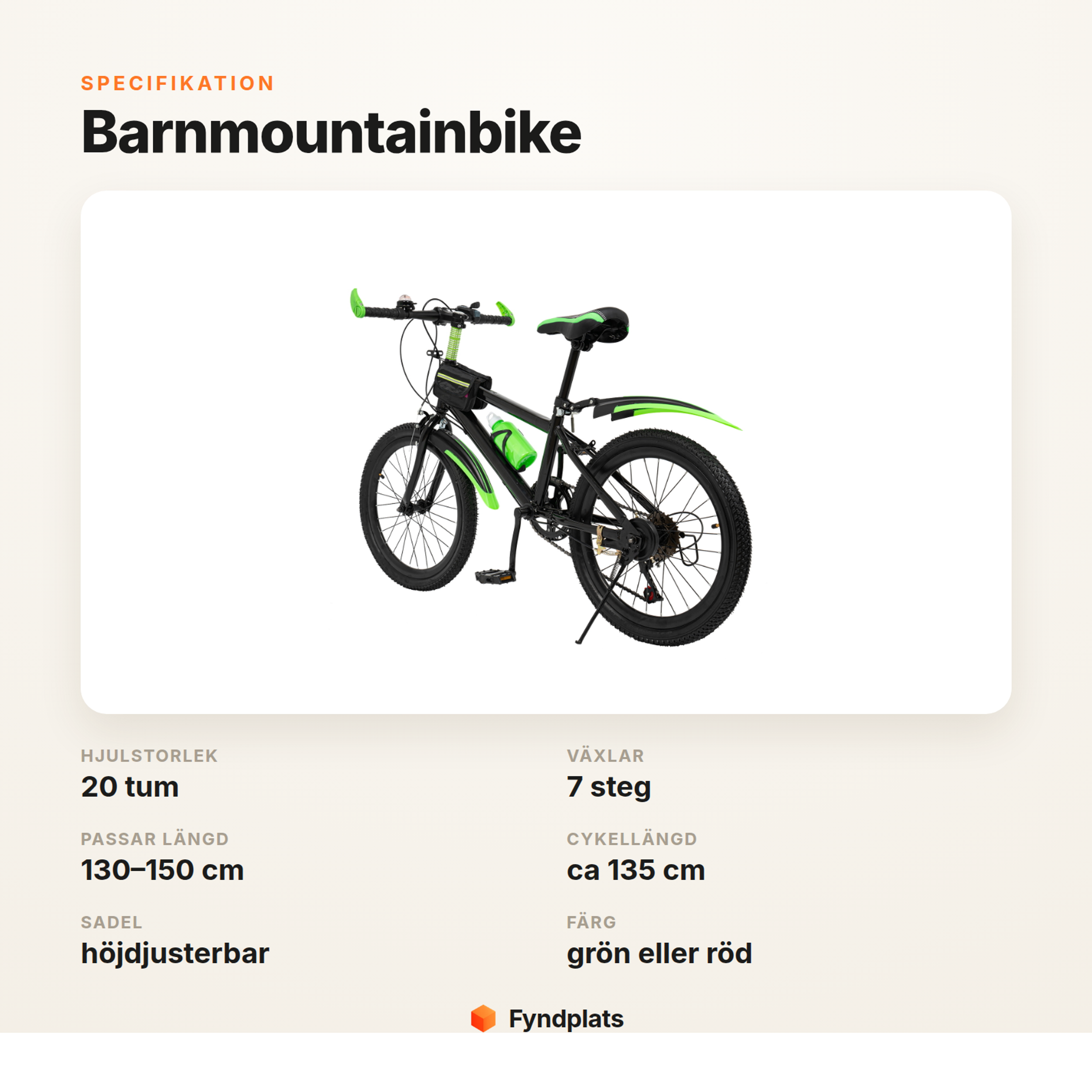 Specifikation för barncykel 20 tum – 7 växlar, höjdjusterbar sadel, längd 130–150 cm