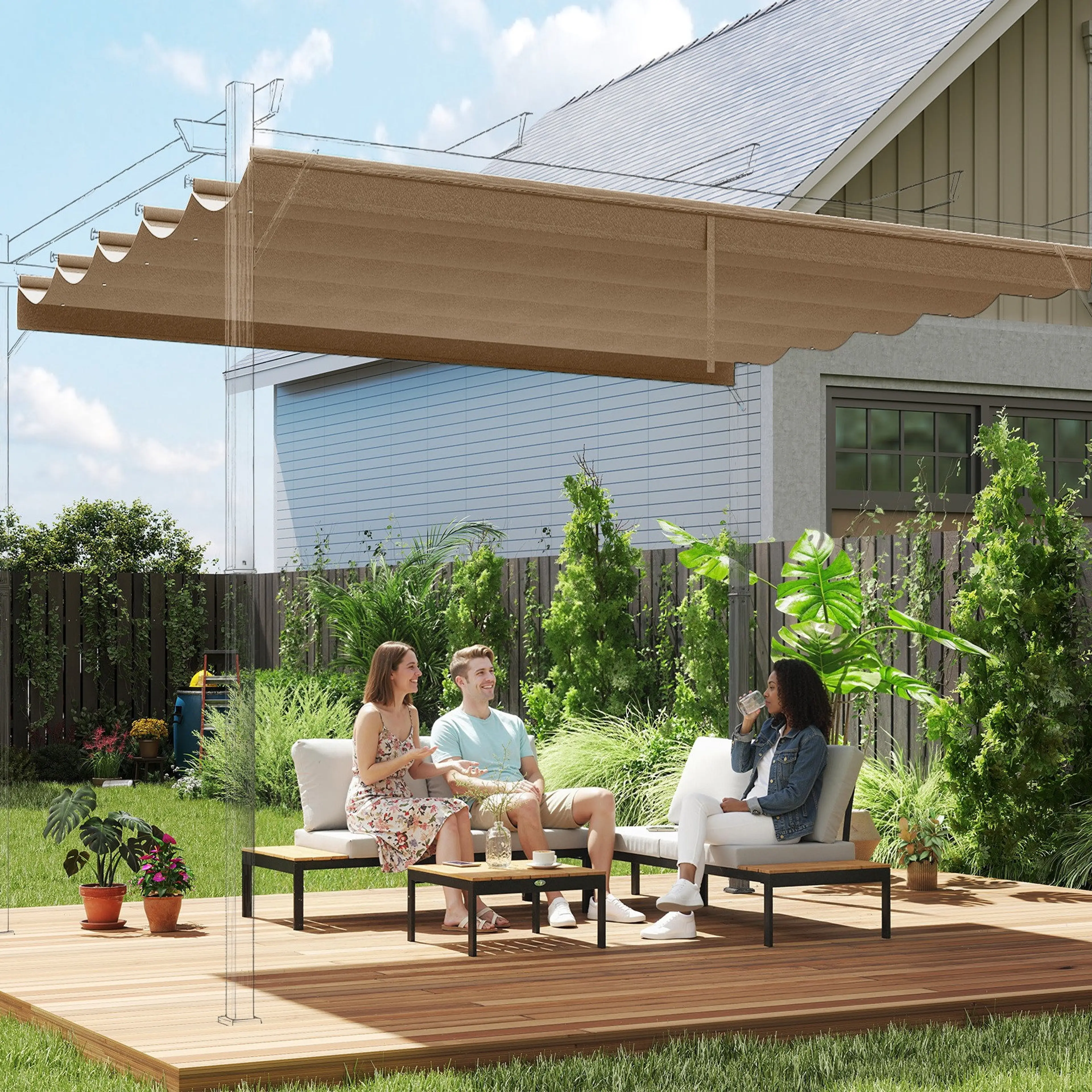 Brun pergoladuk monterad på en pergola över ett trädäck med loungemöbler
