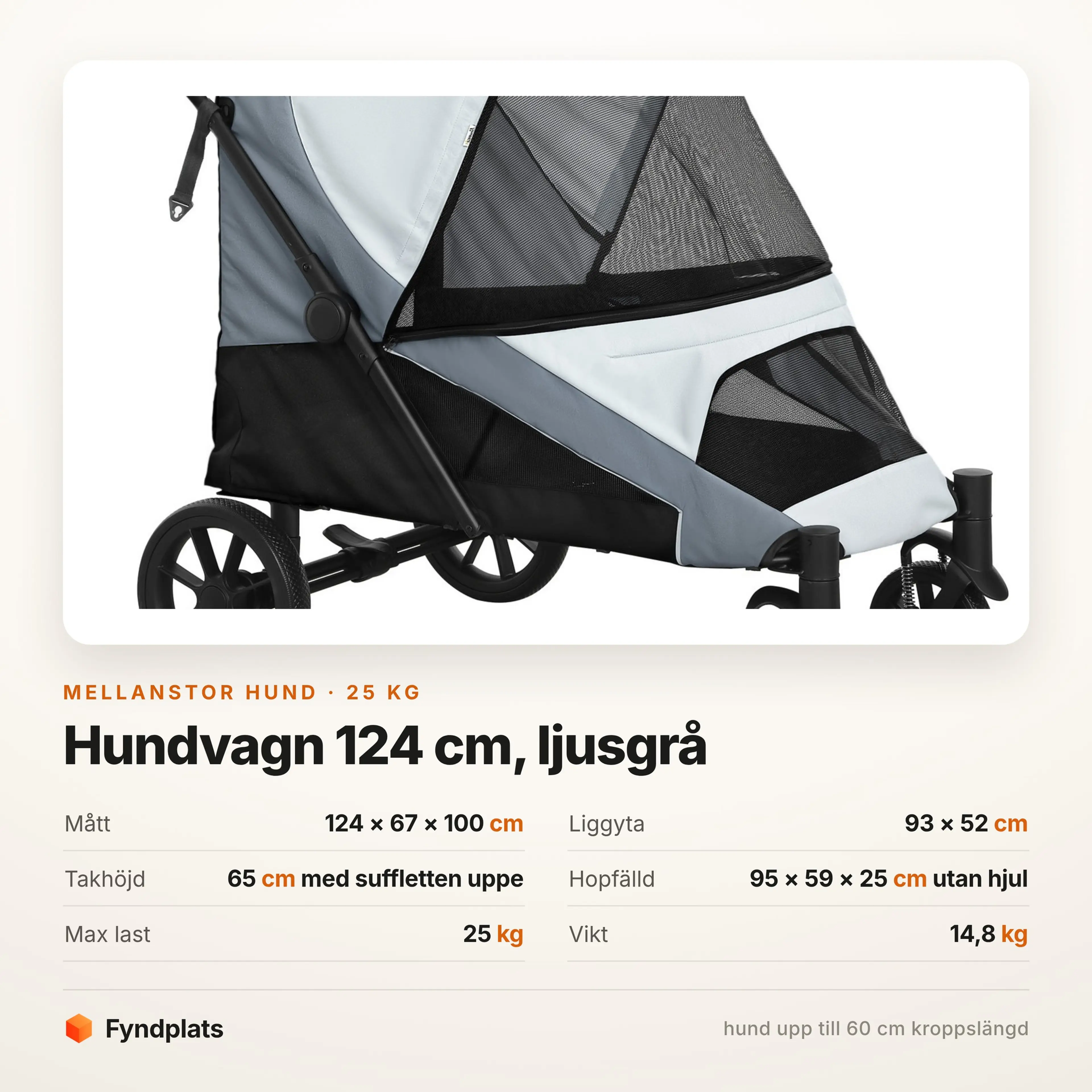 Faktakort: hundvagn 124 cm, liggyta 93 x 52 cm, max last 25 kg