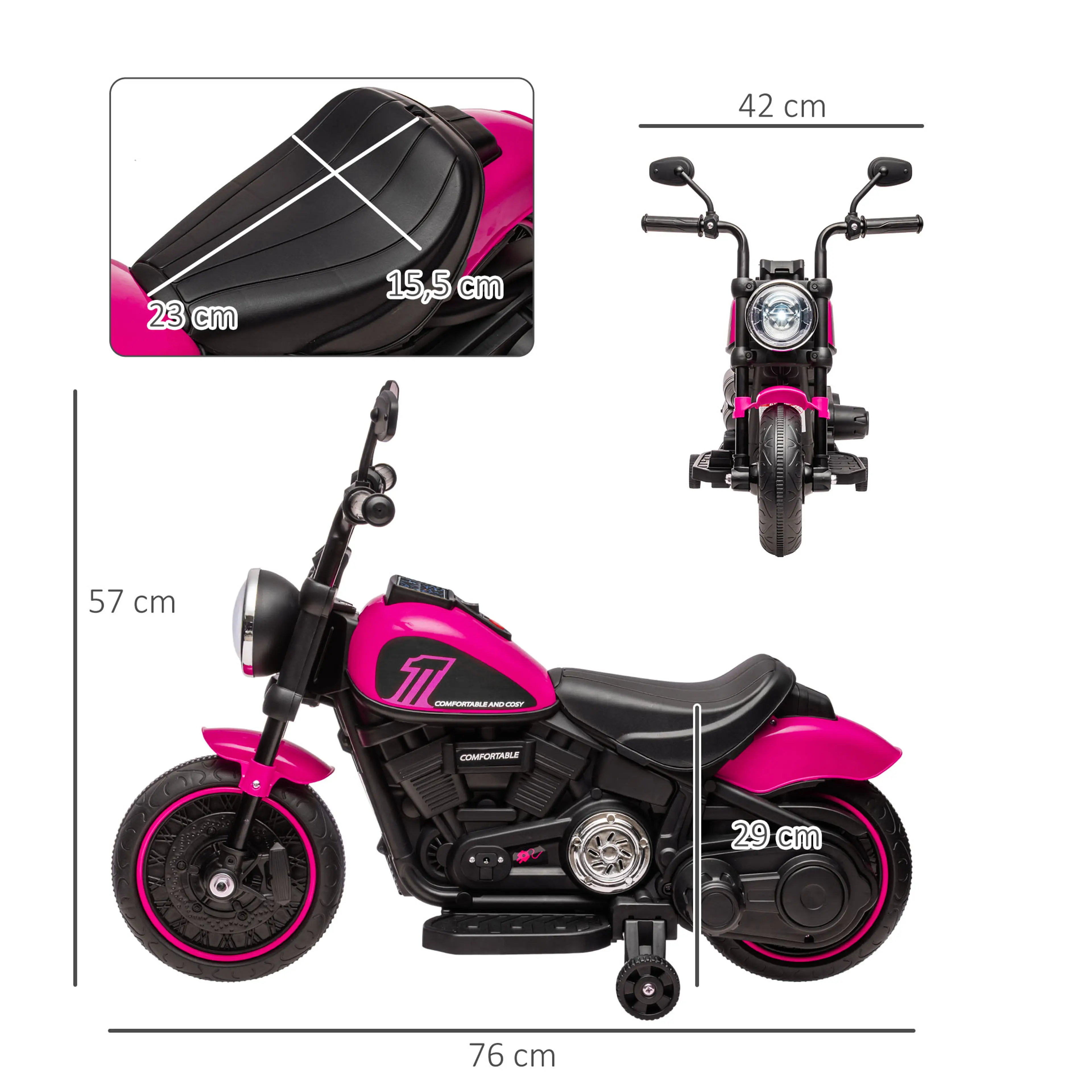 Måttskiss på rosa elmotorcykel med sadel 23 x 15,5 cm och 29 cm sitthöjd