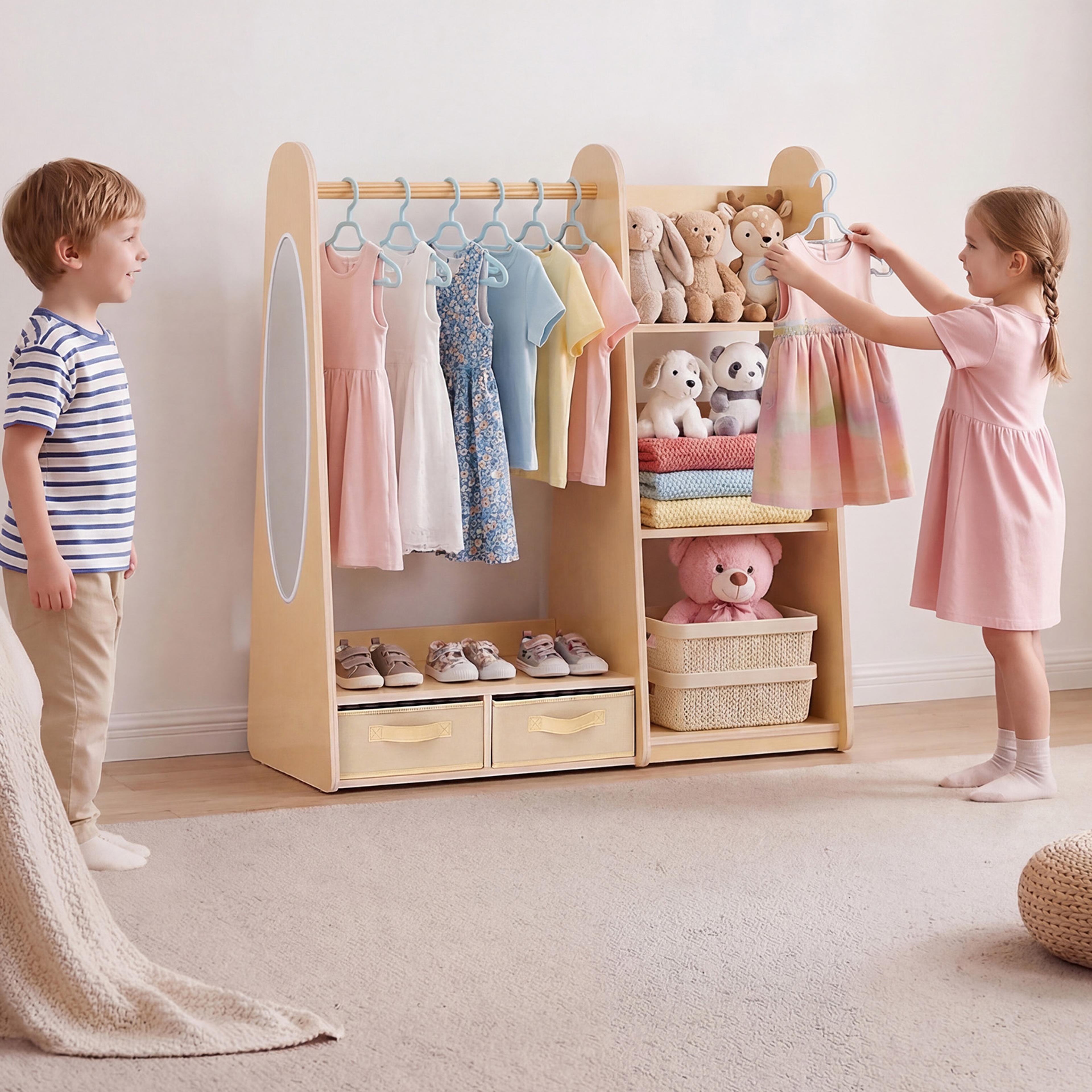 Barngarderob i trä med spegel, bokhylla & lådor – Montessori, 98 cm