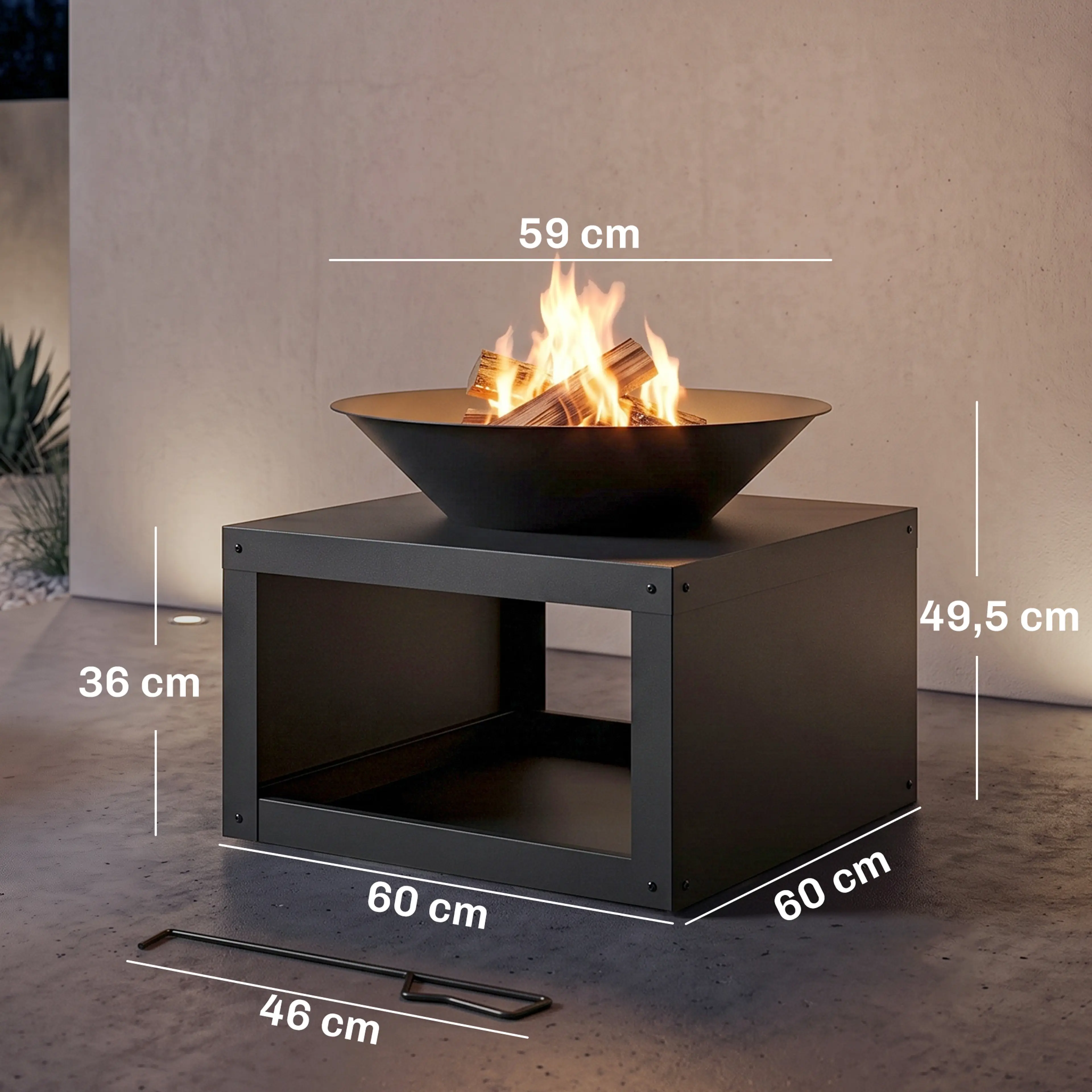 Måttritning: eldkorgen är 60 × 60 cm och 49,5 cm hög med 59 cm skål