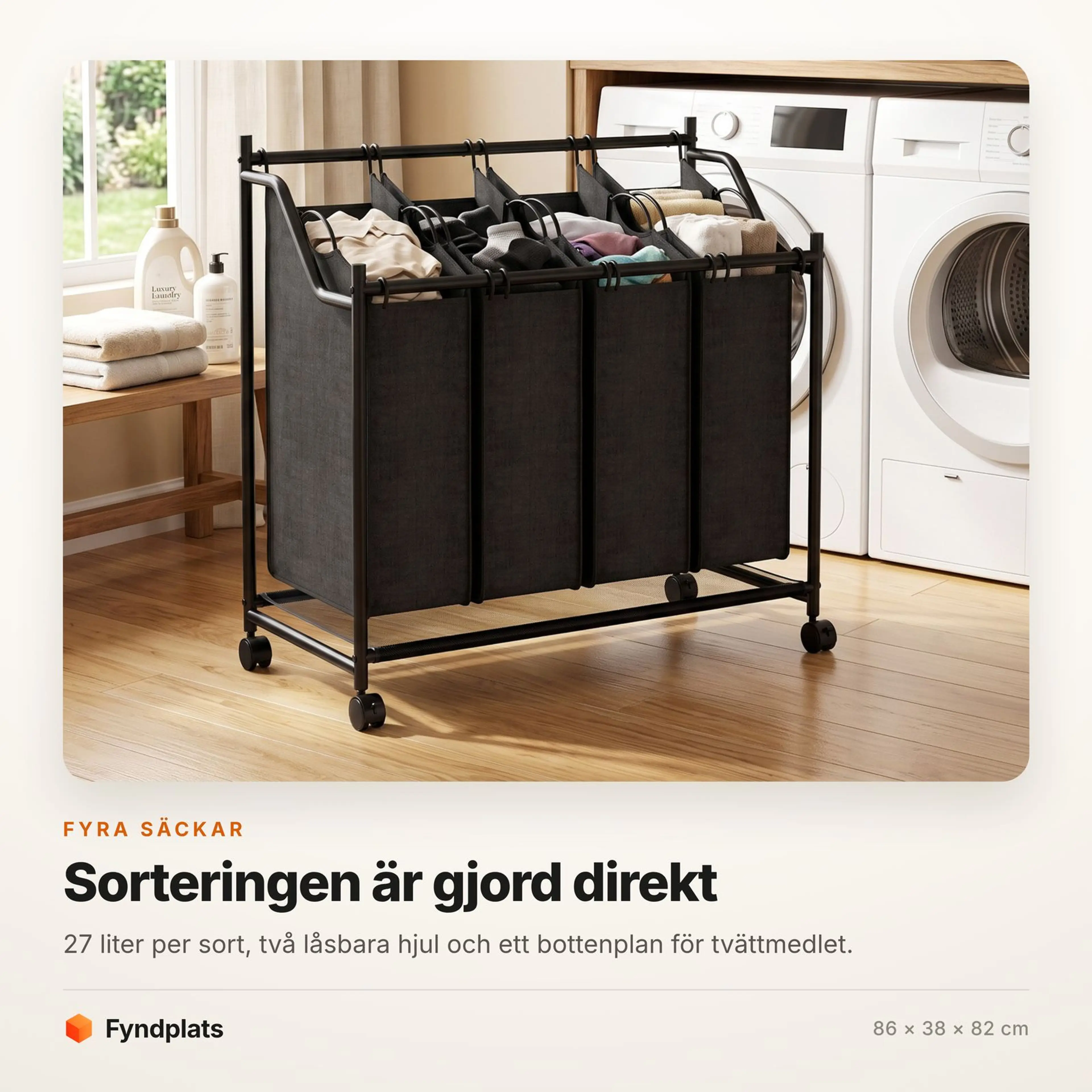 Faktakort: fyra säckar på 27 liter, en per tvättsort. 86 × 38 × 82 cm