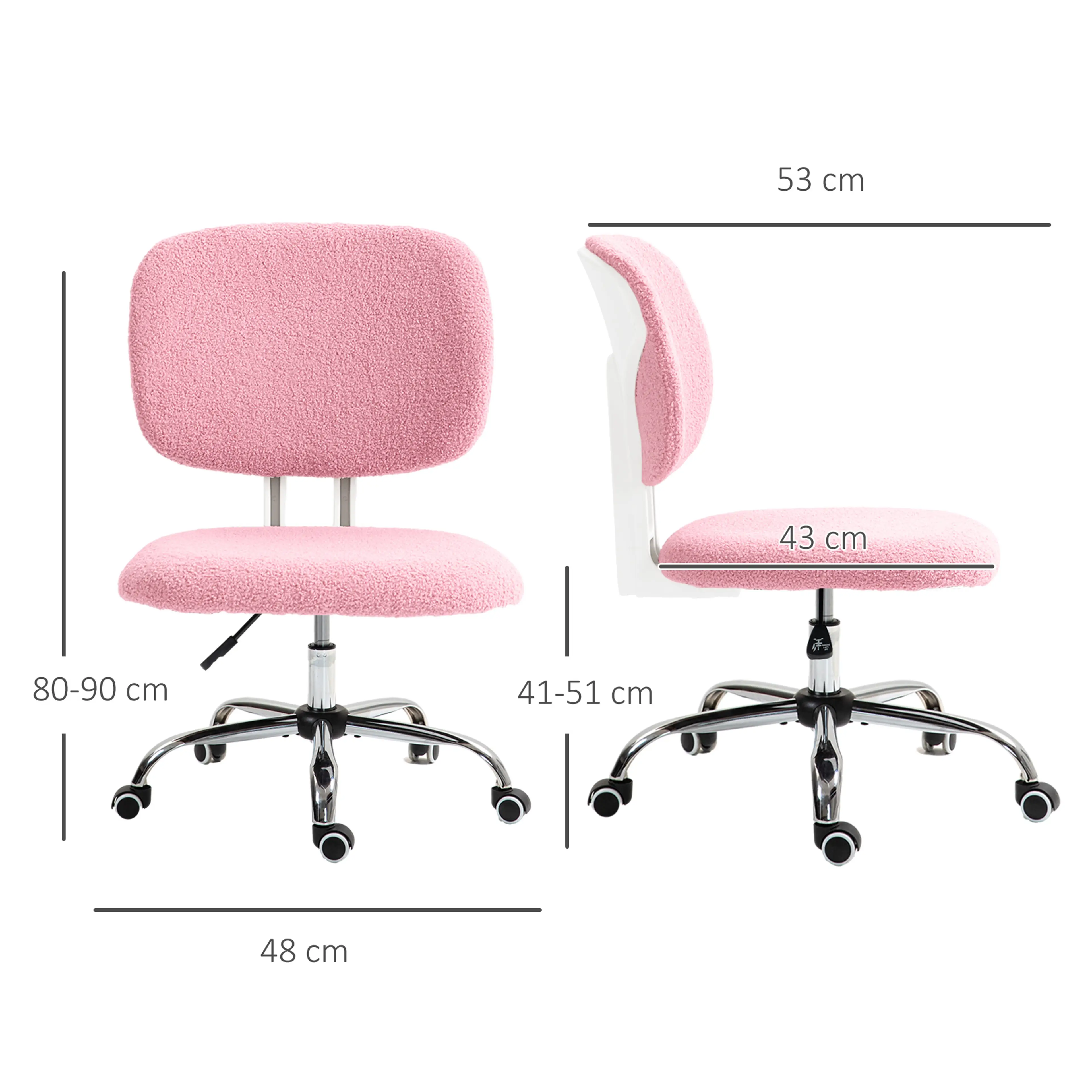 Måttritning med bredd 53 cm, sits 43 cm, höjd 80–90 cm och sitthöjd 41–51 cm