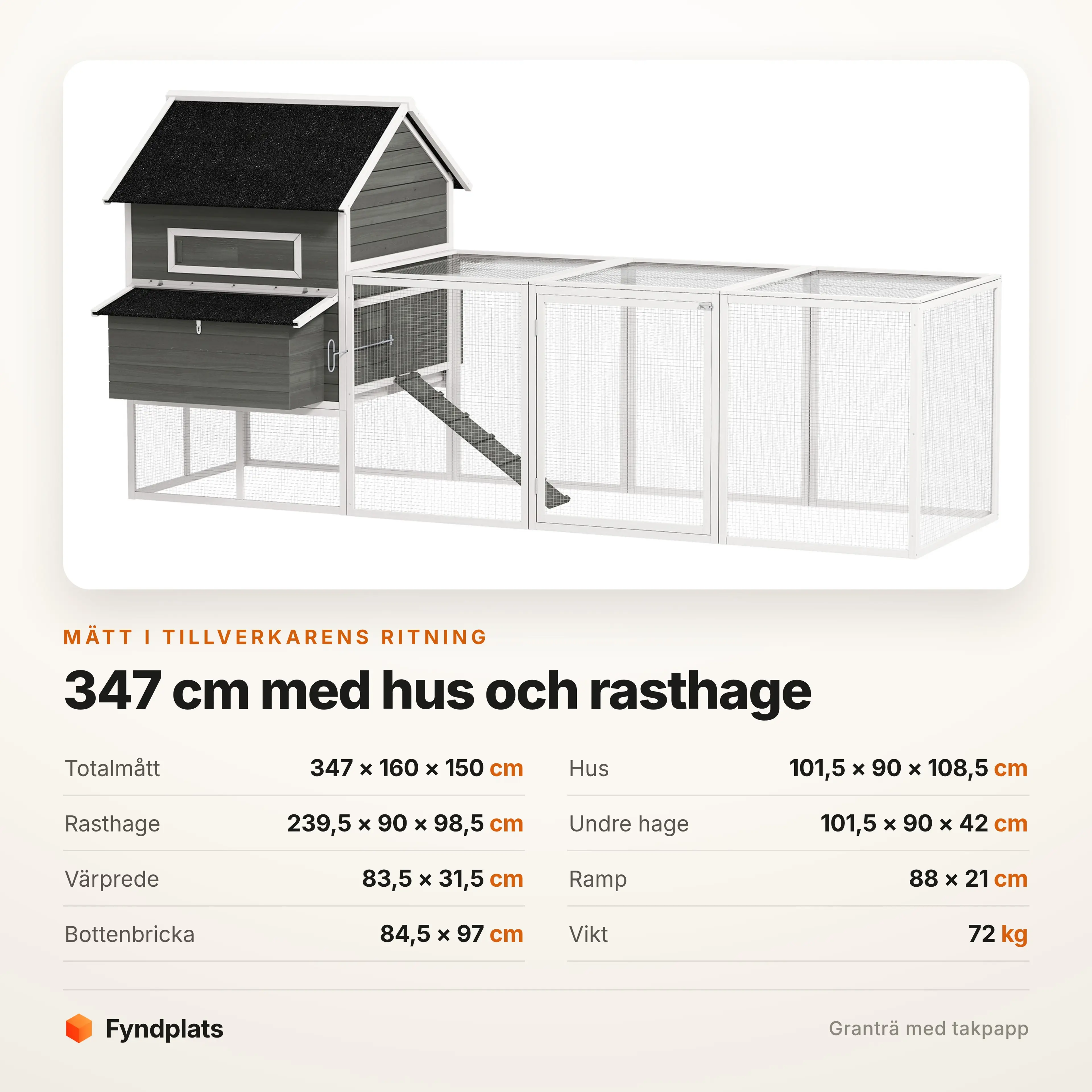 Specifikationer: 347 × 160 × 150 cm, sovhus 101,5 × 90 cm, rasthage 239,5 cm