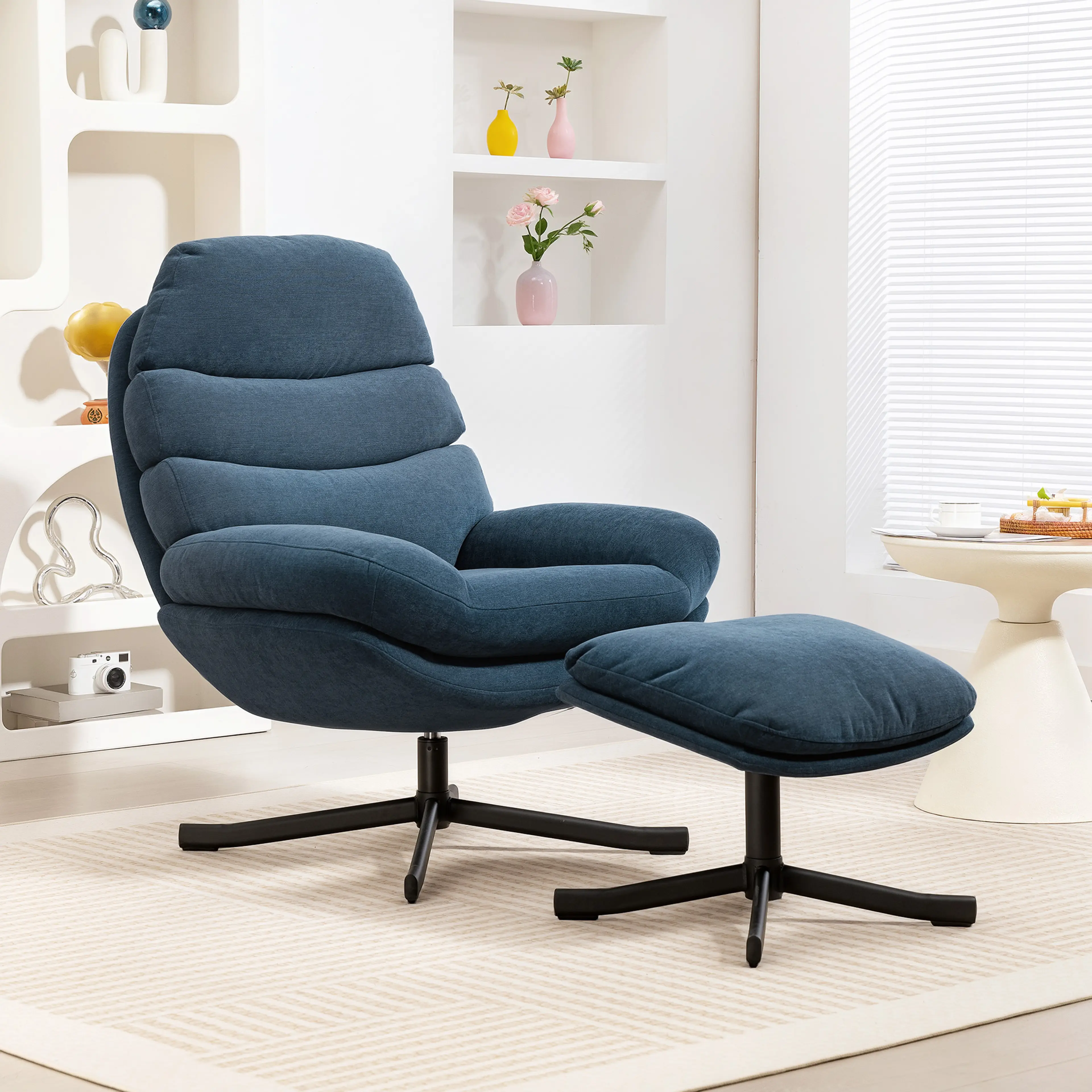 Loungefåtölj med fotpall i chenille, 360° snurrfot – blå – bild 2