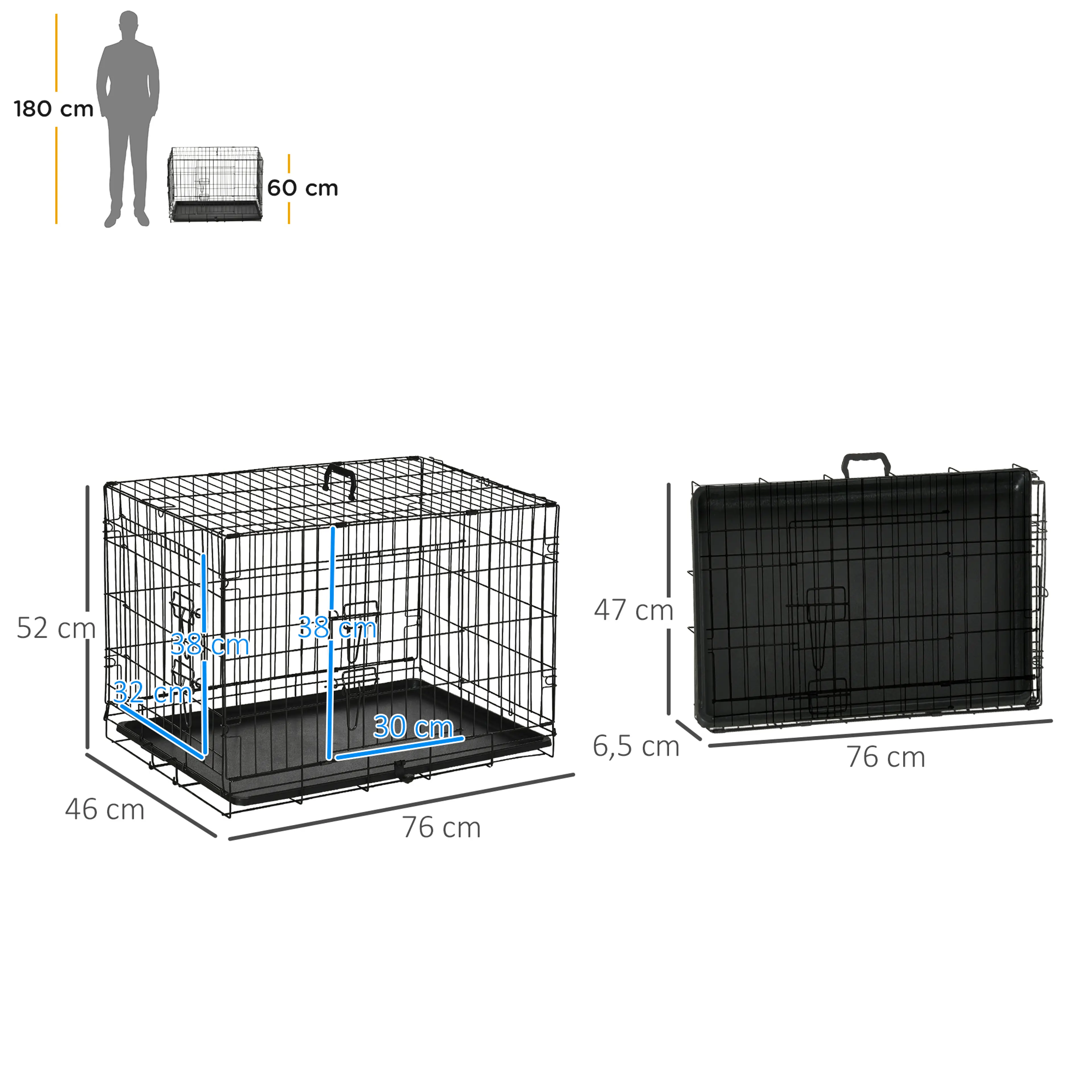 Måttskiss: 76 × 46 × 52 cm uppfälld och 76 × 47 × 6,5 cm hopfälld